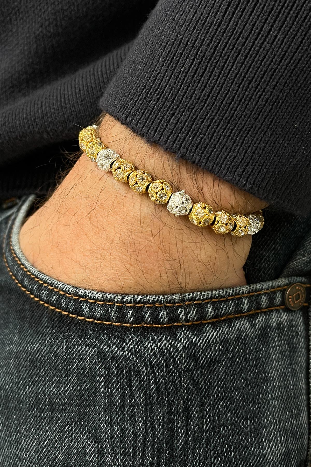 FRNCH Zirkon Taşlı 8 MM Toplu Altın-Gümüş Renkli Ayarlanabilir Makrome Erkek Bileklik FRJ11330-1430-GA