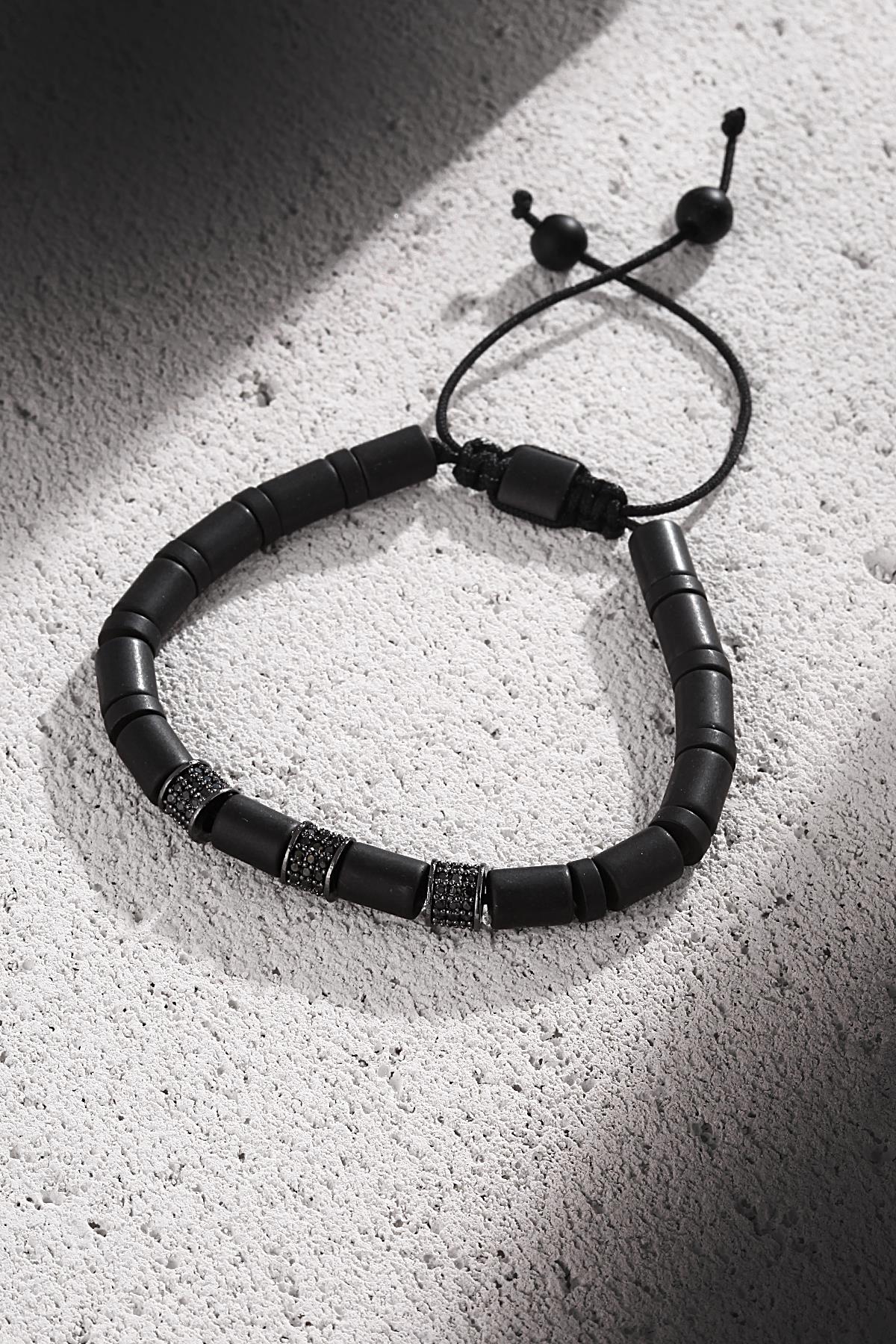 FRNCH Zirkon Taşlı Füme Renkli Hematit Taşlı Ayarlanabilir Makrome Erkek Bileklik FRJ11300-1400-B