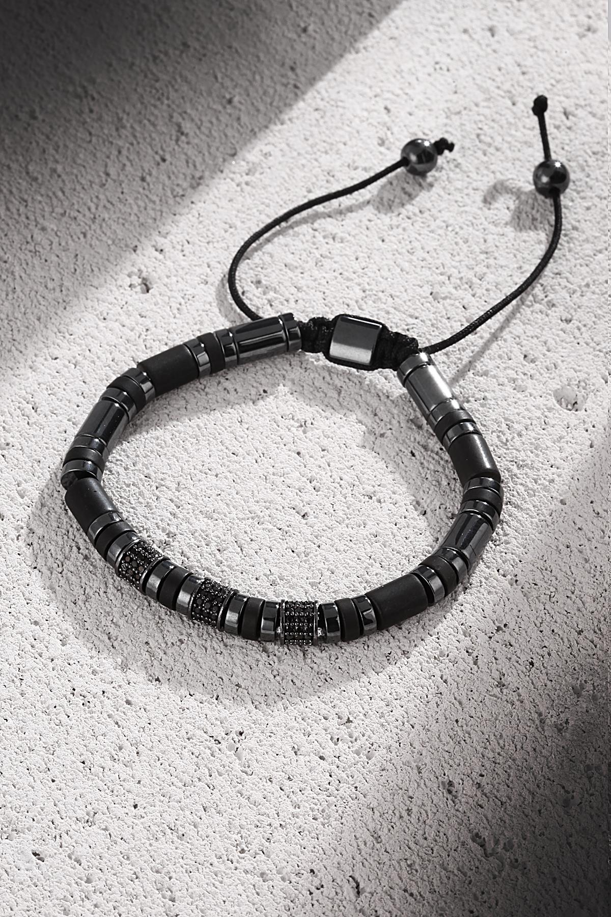 FRNCH Zirkon Taşlı Füme Renkli Hematit Taşlı Ayarlanabilir Makrome Erkek Bileklik FRJ11301-1401-B