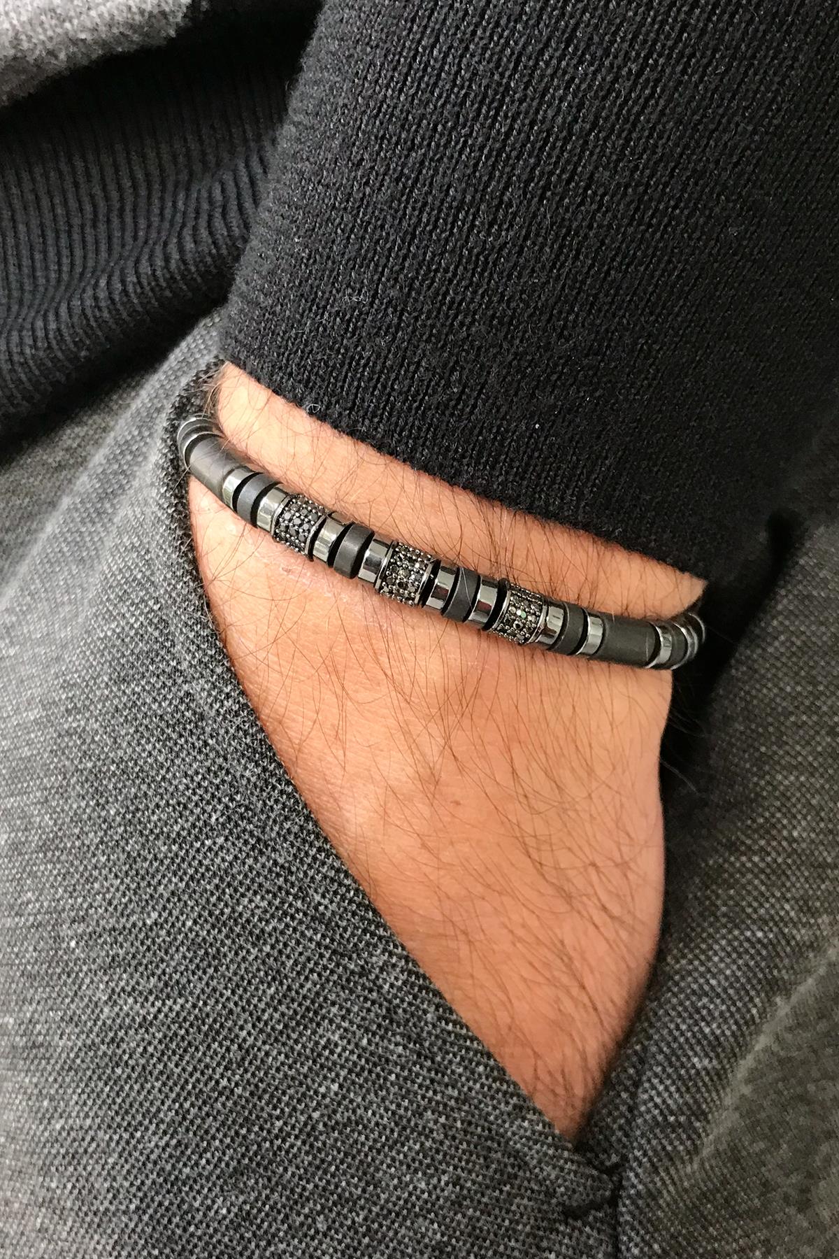 FRNCH Zirkon Taşlı Füme Renkli Hematit Taşlı Ayarlanabilir Makrome Erkek Bileklik FRJ11301-1401-B