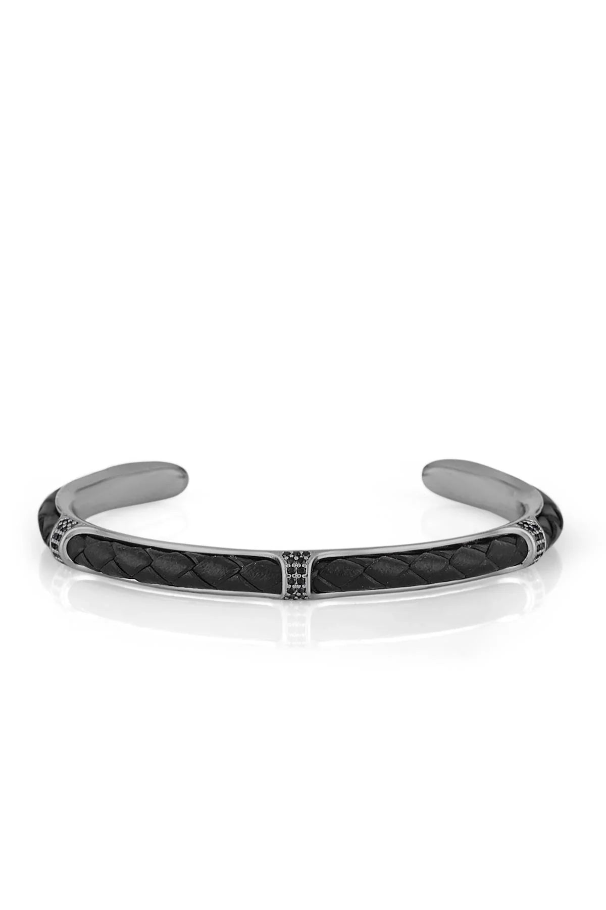 FRNCH Zirkon Taşlı Gerçek Deri Detaylı Handmade Erkek Kelepçe Bileklik FRJ11165-1265-BB