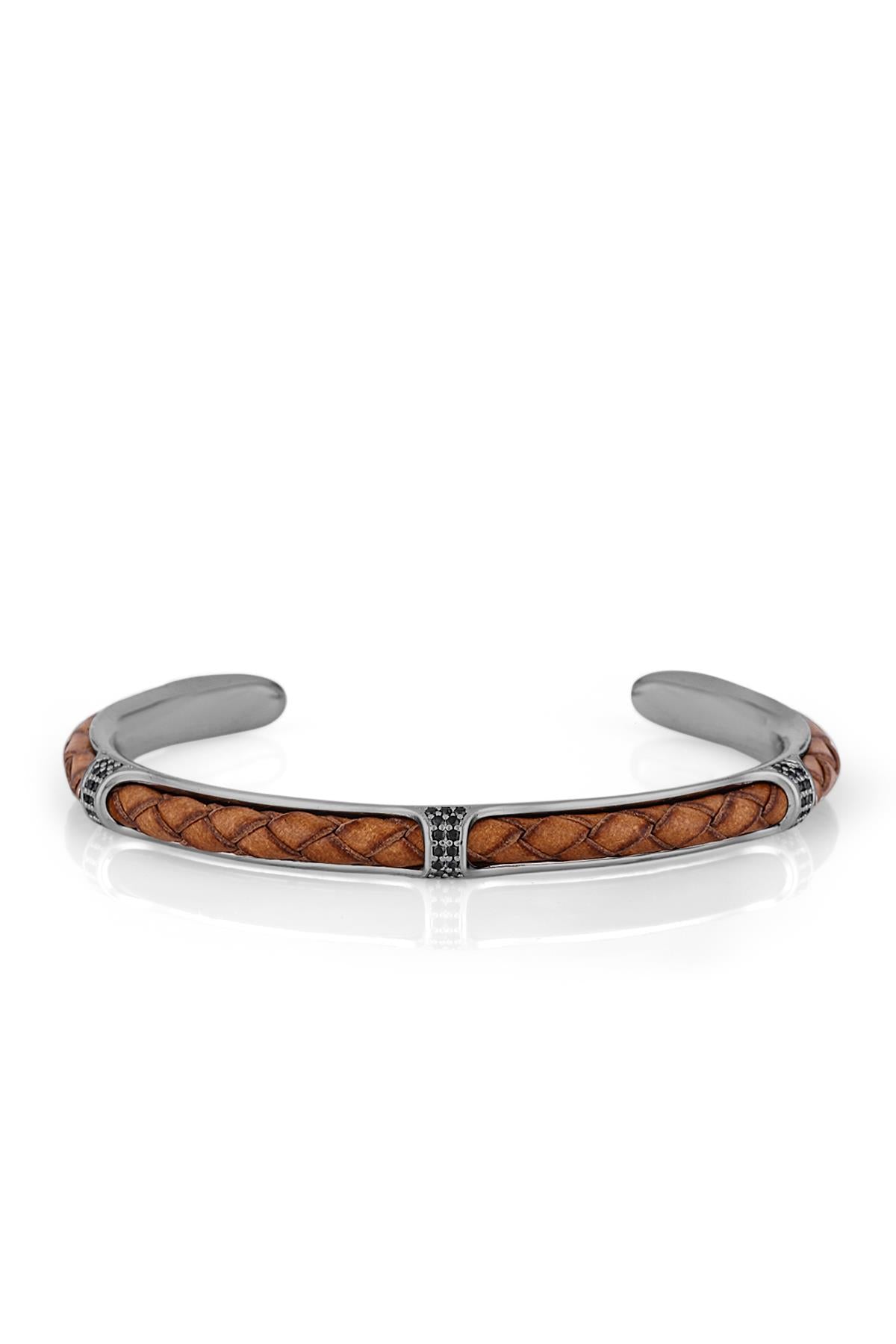 FRNCH Zirkon Taşlı Gerçek Deri Detaylı Handmade Erkek Kelepçe Bileklik FRJ11165-1265-BK