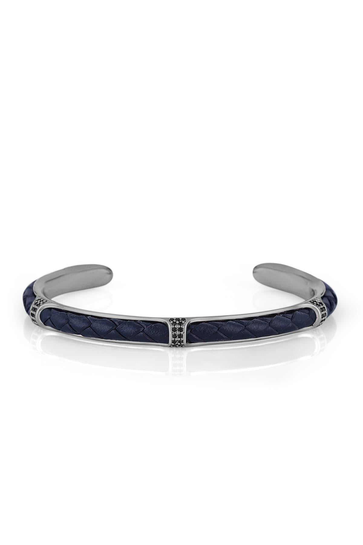 FRNCH Zirkon Taşlı Gerçek Deri Detaylı Handmade Erkek Kelepçe Bileklik FRJ11165-1265-BT