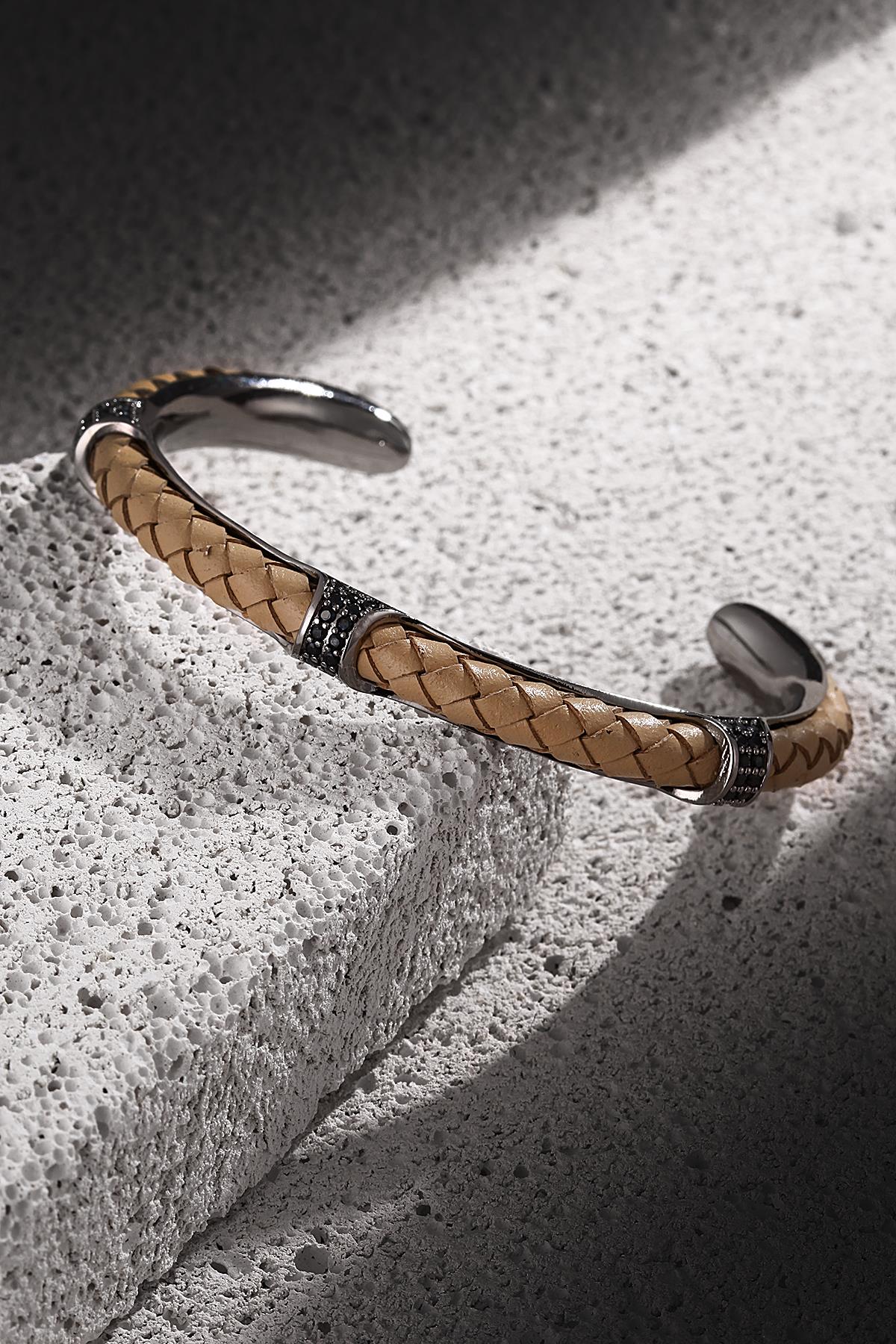 FRNCH Zirkon Taşlı Gerçek Deri Detaylı Handmade Kelepçe Erkek Bileklik FRJ11177-1277-BK