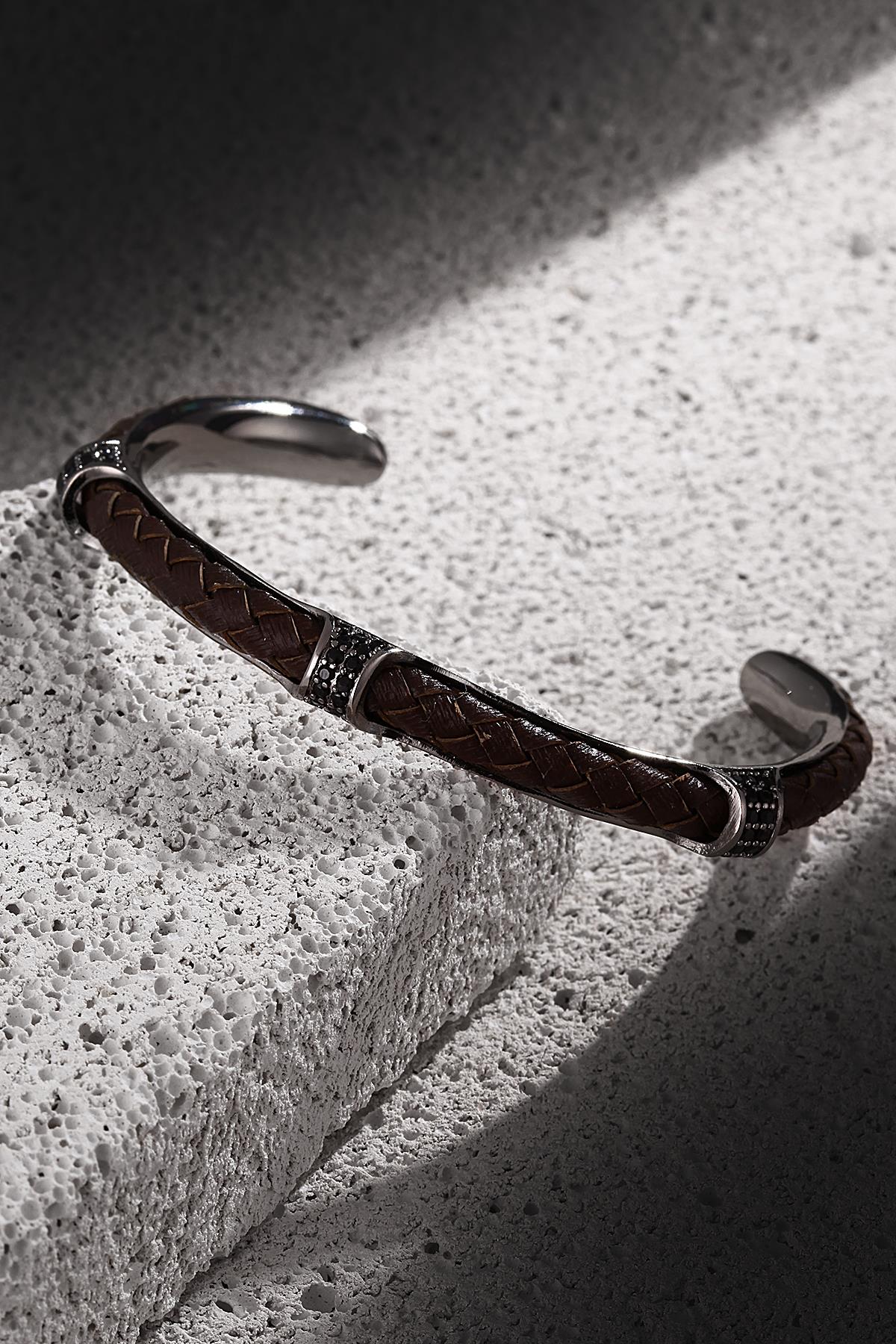 FRNCH Zirkon Taşlı Gerçek Deri Detaylı Handmade Kelepçe Erkek Bileklik FRJ11177-1277-BR