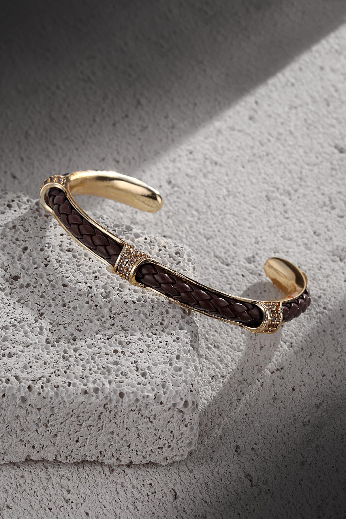 FRNCH Zirkon Taşlı Gerçek Deri Kahverengi Renkli Handmade Kelepçe Erkek Bileklik FRJ11280-1380-K