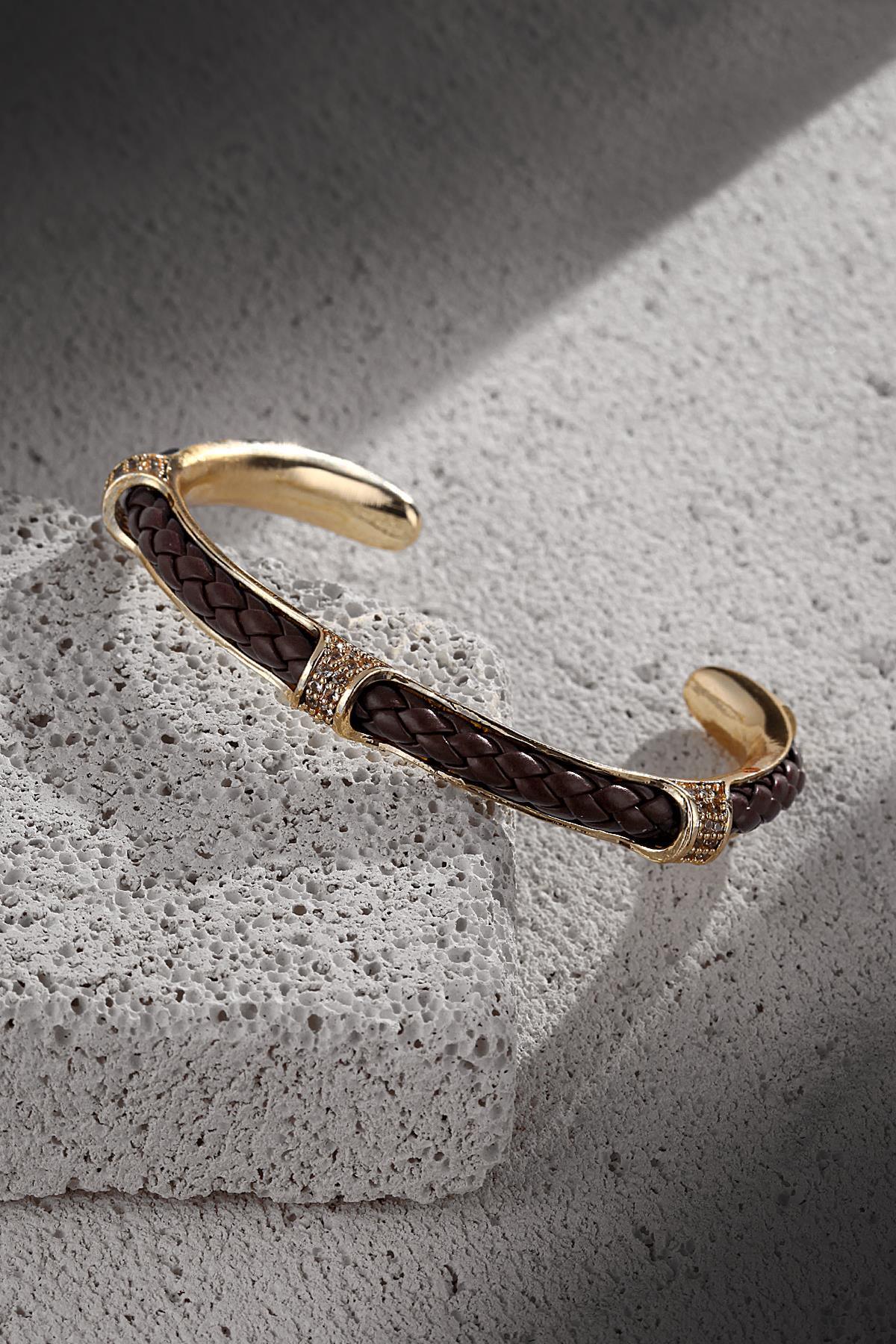 FRNCH Zirkon Taşlı Gerçek Deri Kahverengi Renkli Handmade Kelepçe Erkek Bileklik FRJ11280-1380-K
