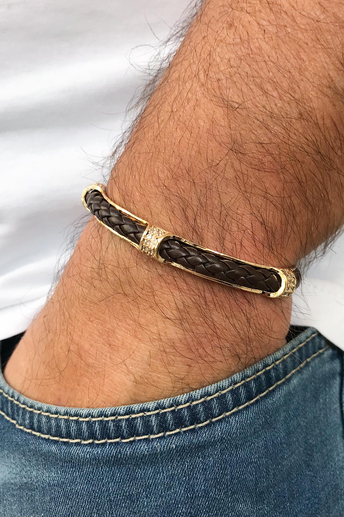 FRNCH Zirkon Taşlı Gerçek Deri Kahverengi Renkli Handmade Kelepçe Erkek Bileklik FRJ11280-1380-K