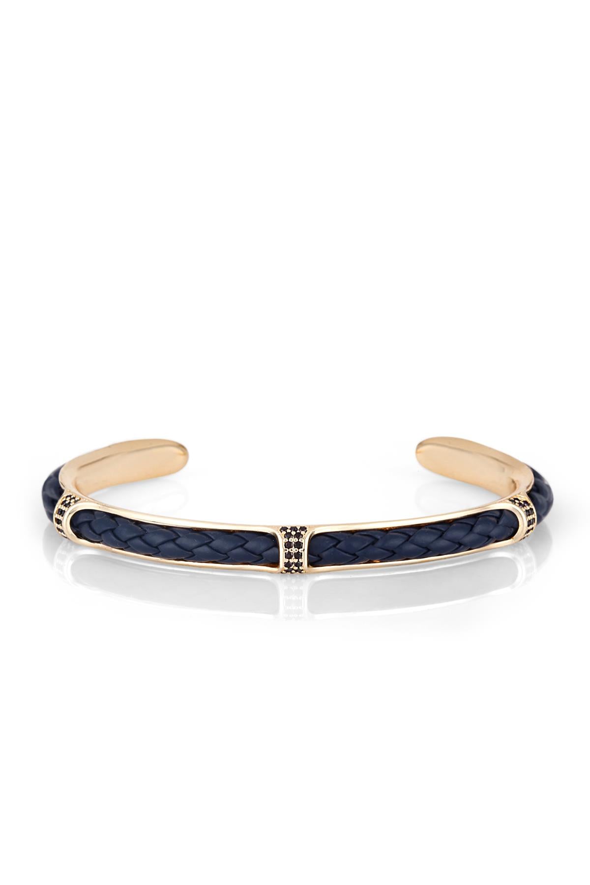 FRNCH Zirkon Taşlı Gerçek Deri Lacivert Renkli Handmade Kelepçe Erkek Bileklik FRJ11280-1380-L