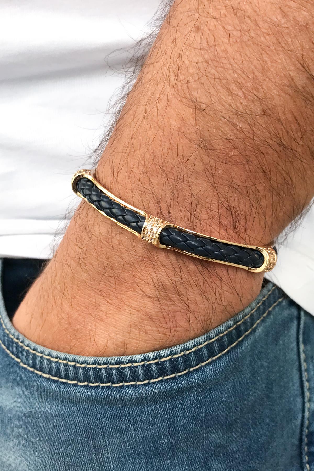 FRNCH Zirkon Taşlı Gerçek Deri Lacivert Renkli Handmade Kelepçe Erkek Bileklik FRJ11280-1380-L