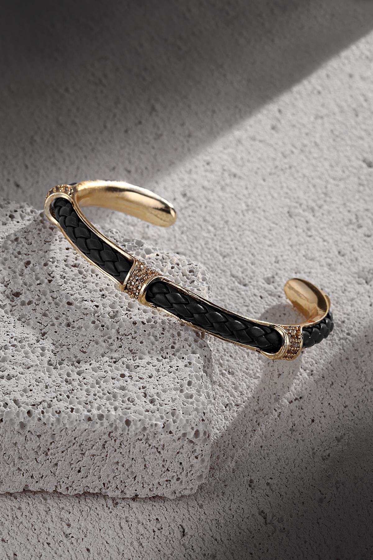 FRNCH Zirkon Taşlı Gerçek Deri Siyah Renkli Handmade Kelepçe Erkek Bileklik FRJ11280-1380-S