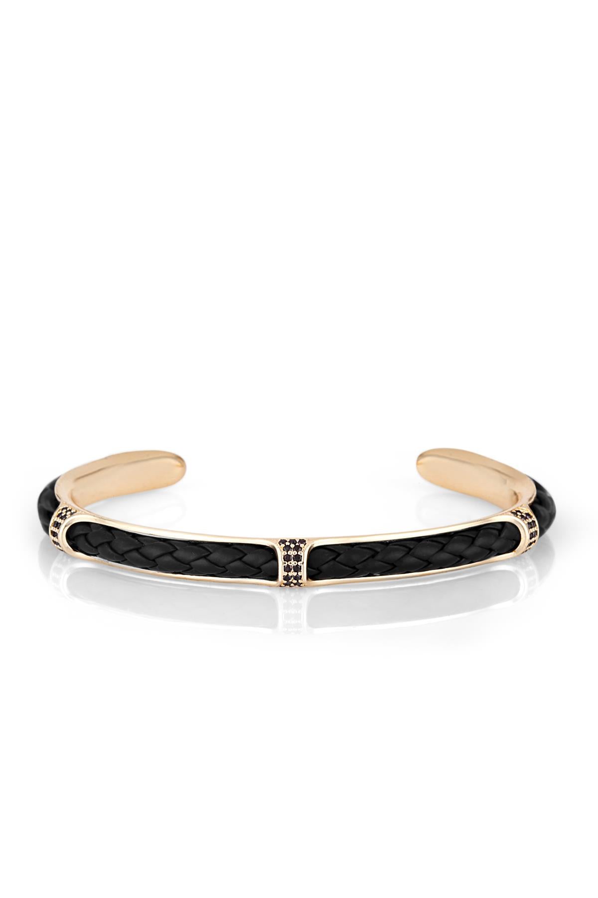 FRNCH Zirkon Taşlı Gerçek Deri Siyah Renkli Handmade Kelepçe Erkek Bileklik FRJ11280-1380-S