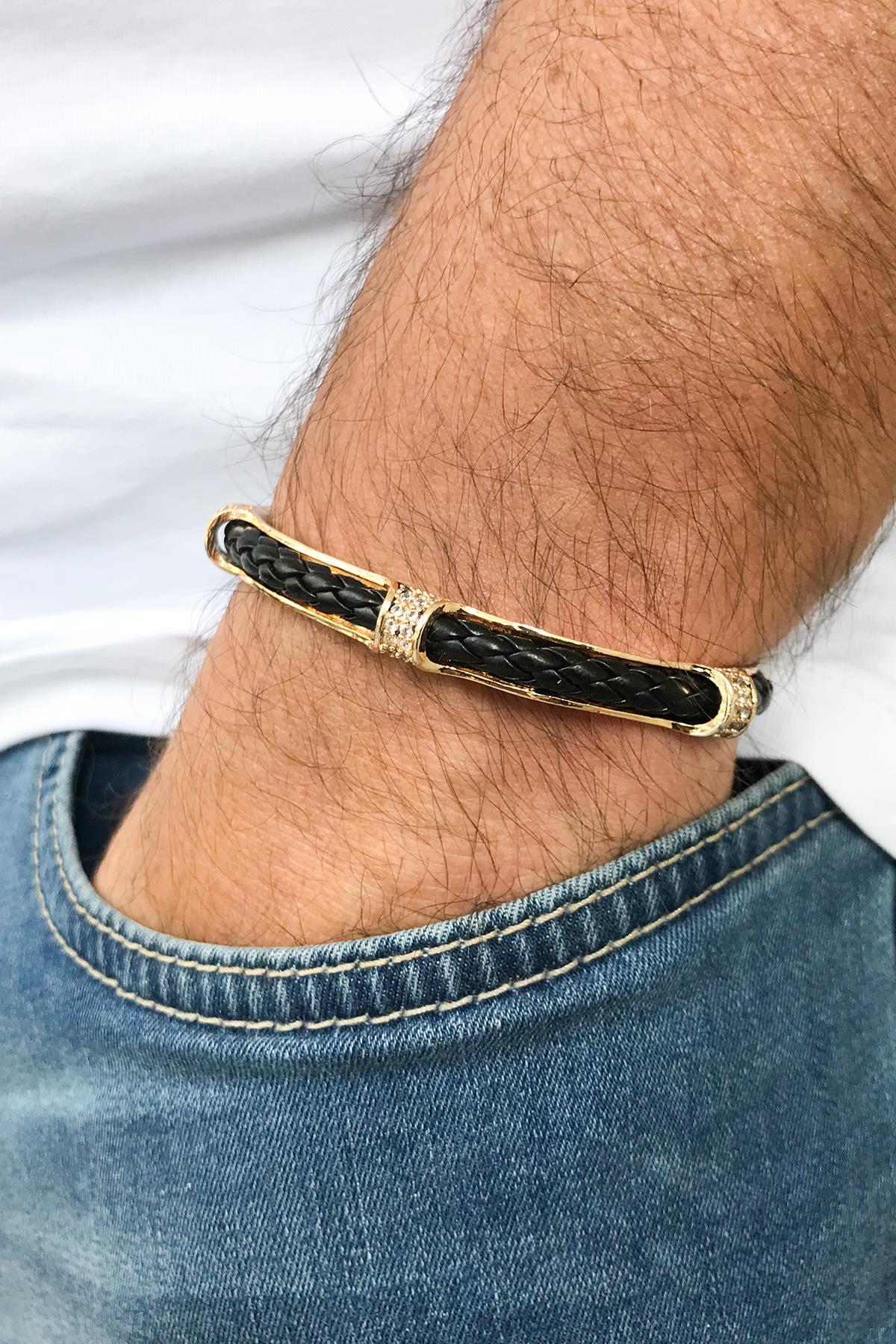 FRNCH Zirkon Taşlı Gerçek Deri Siyah Renkli Handmade Kelepçe Erkek Bileklik FRJ11280-1380-S