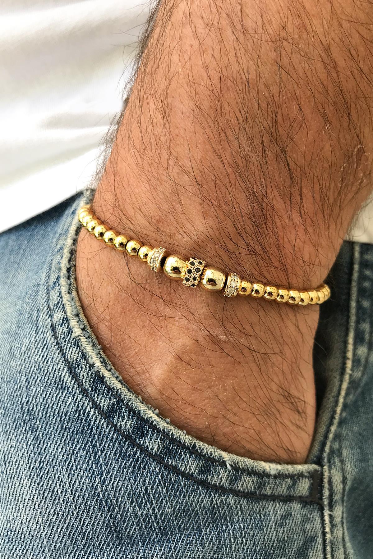 FRNCH Zirkon Taşlı Gold Renk Erkek Makrome Bileklik FRJ11217-1317-G