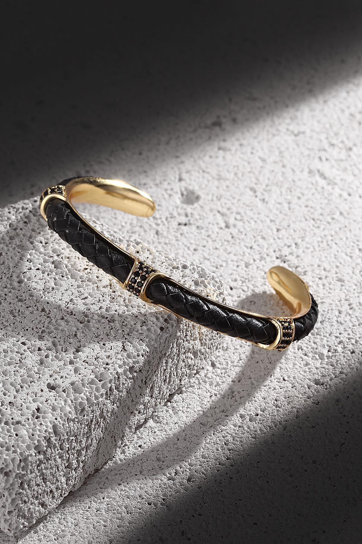 FRNCH Zirkon Taşlı Gold Renkli Gerçek Deri Kelepçe Erkek Bileklik FRJ11177-1277-GB