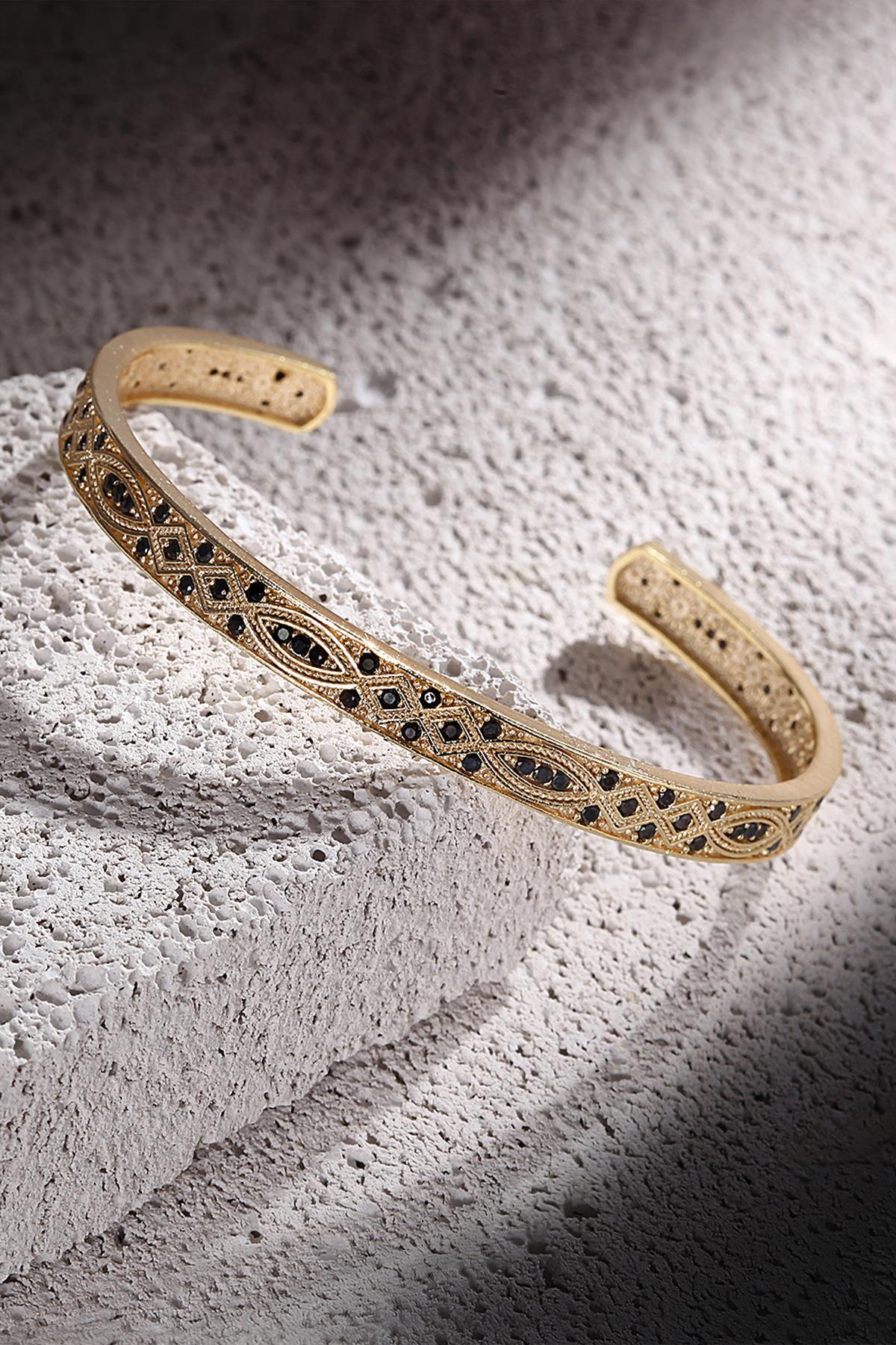 FRNCH Zirkon Taşlı Şal Desen Altın Renk Erkek Kelepçe Bileklik FRJ11139-1239-G