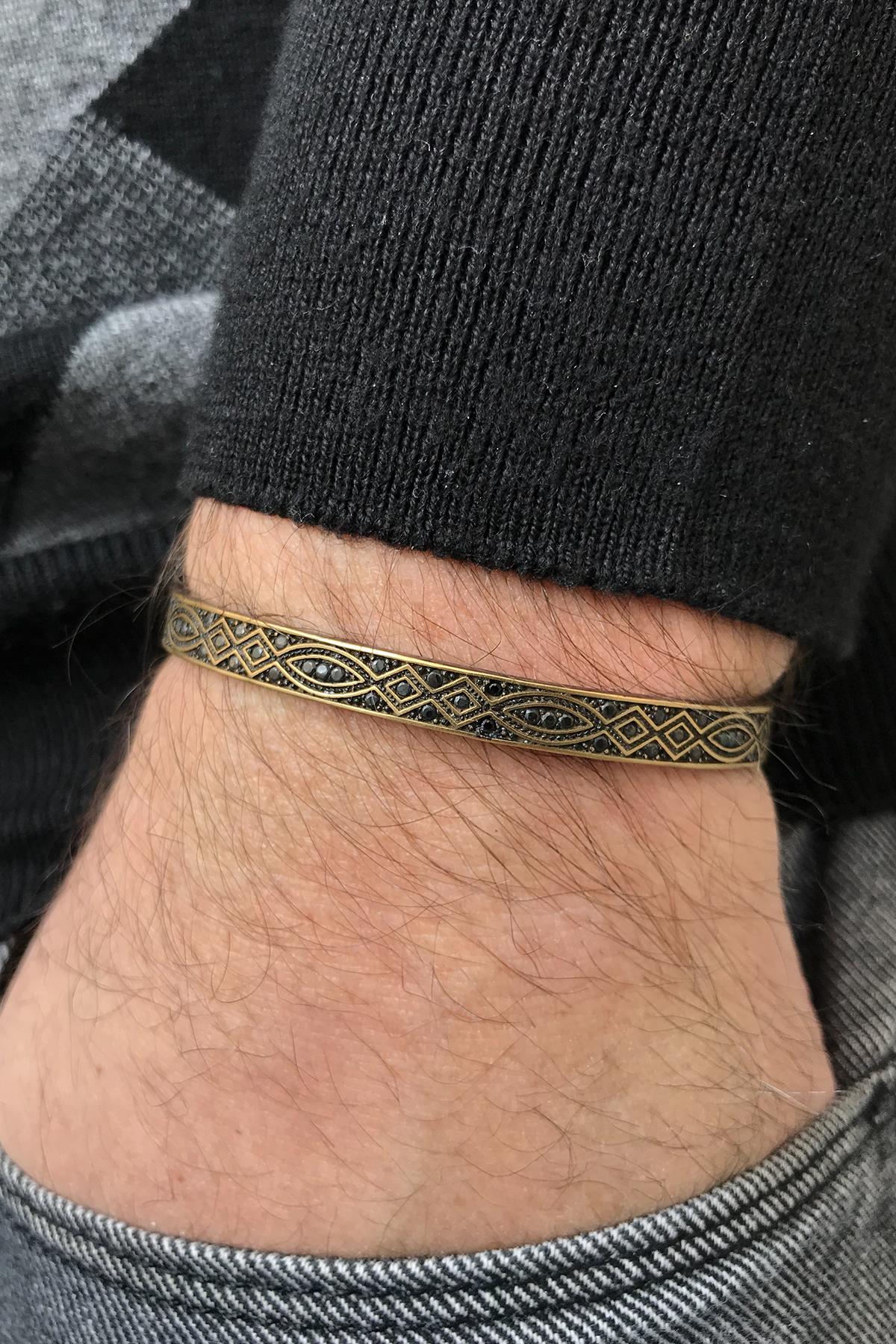 FRNCH Zirkon Taşlı Şal Desen Siyah Renk Erkek Kelepçe Bileklik FRJ11139-1239-B2