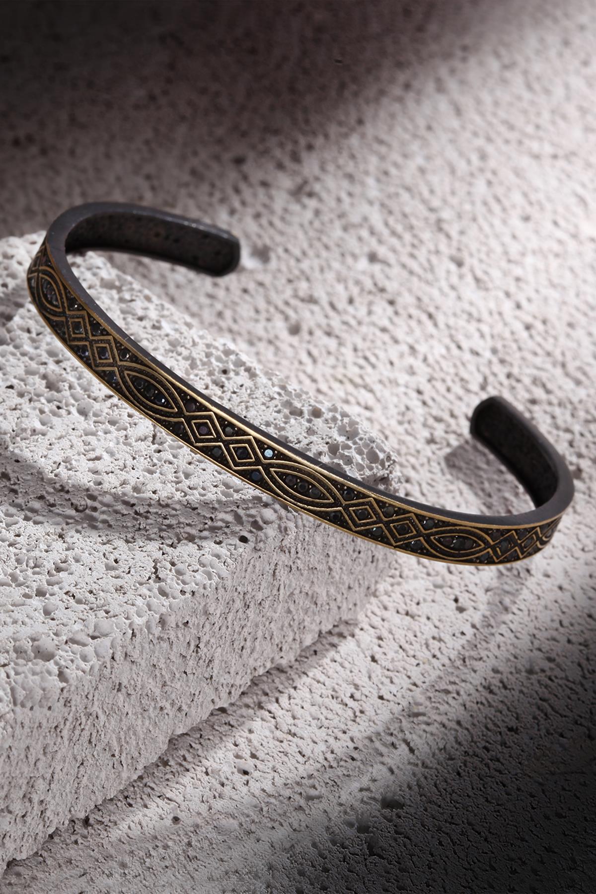 FRNCH Zirkon Taşlı Şal Desen Siyah Renk Erkek Kelepçe Bileklik FRJ11139-1239-B2