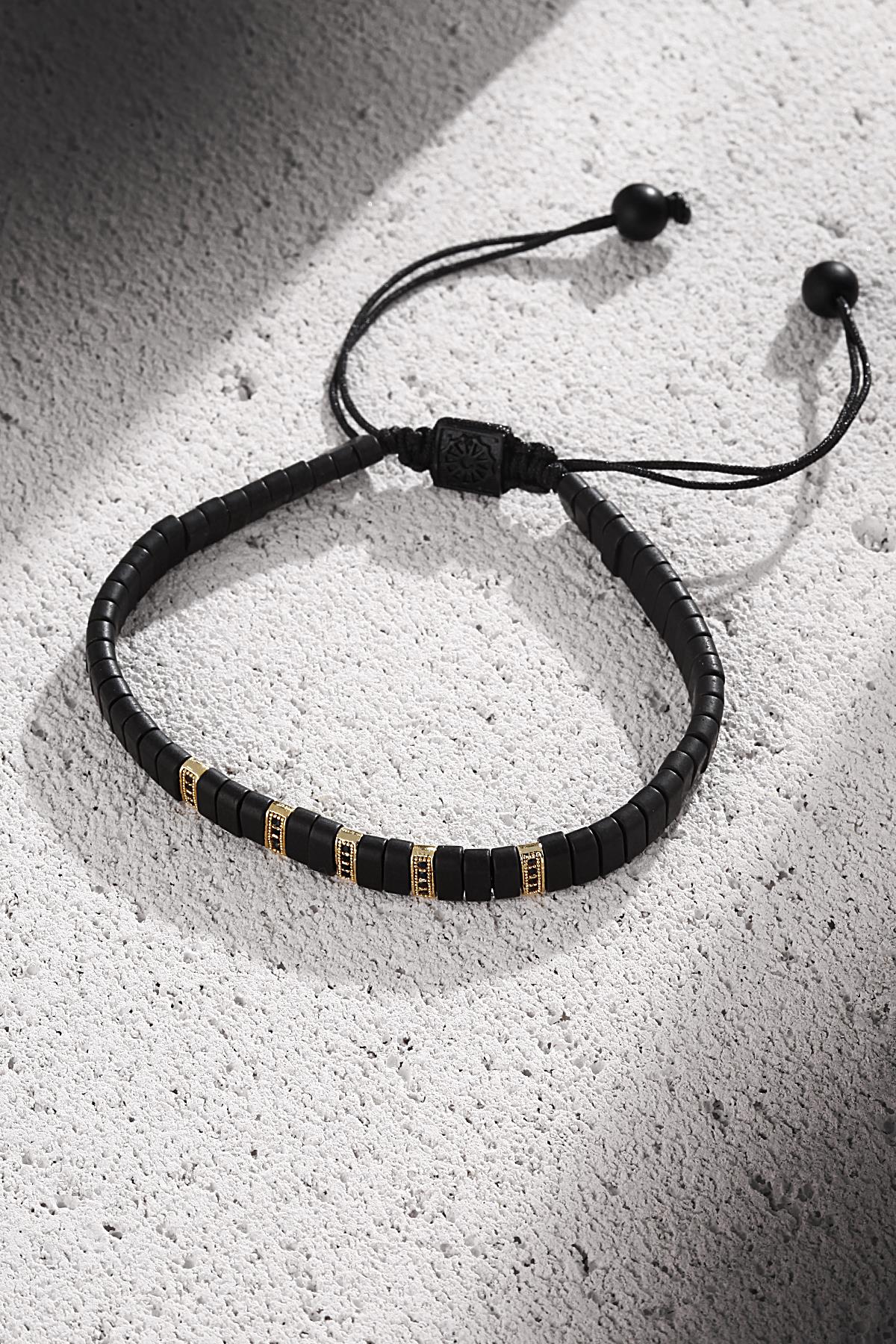 FRNCH Zirkon Taşlı Siyah-Gold Renkli Makrome Ayarlanabilir Erkek Bileklik FRJ11290-1390-G