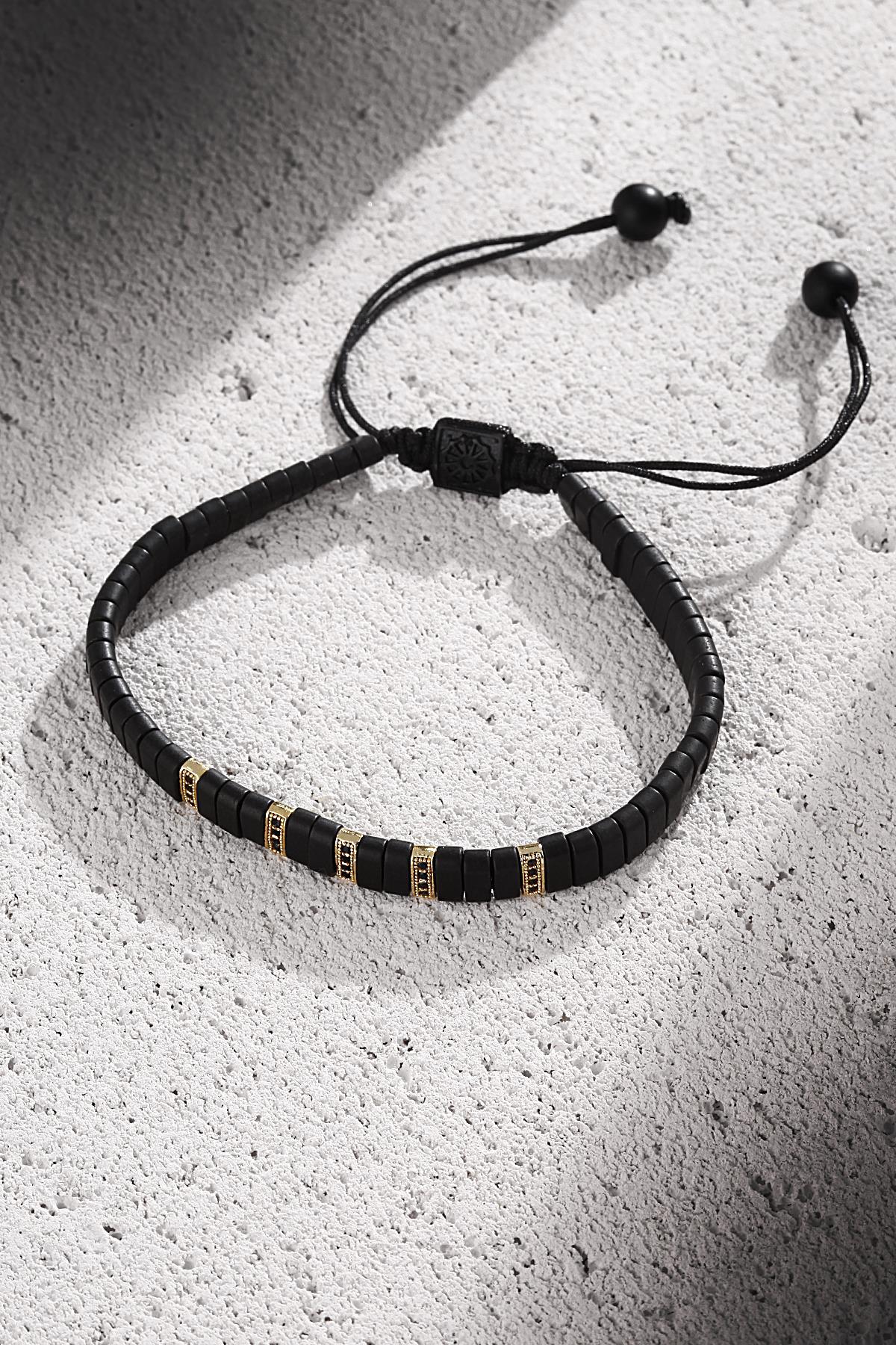 FRNCH Zirkon Taşlı Siyah-Gold Renkli Makrome Ayarlanabilir Erkek Bileklik FRJ11290-1390-G