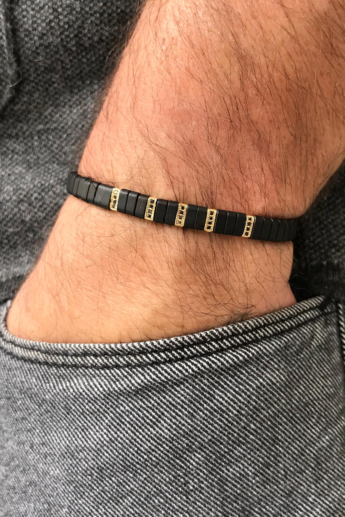 FRNCH Zirkon Taşlı Siyah-Gold Renkli Makrome Ayarlanabilir Erkek Bileklik FRJ11290-1390-G