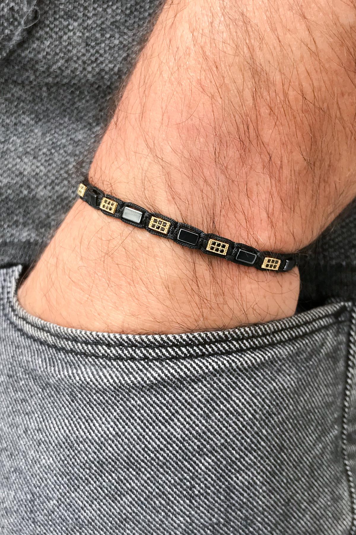 FRNCH Zirkon Taşlı Siyah-Gold Renkli Makrome Ayarlanabilir Erkek Bileklik FRJ11293-1393-G