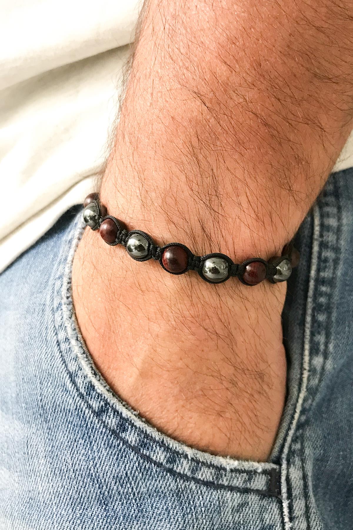 NOON Doğal Hematit-Jade Taşlı Füme-Bordo Renkli El Yapımı Ayarlanabilir Makrome Erkek Bileklik NN1432