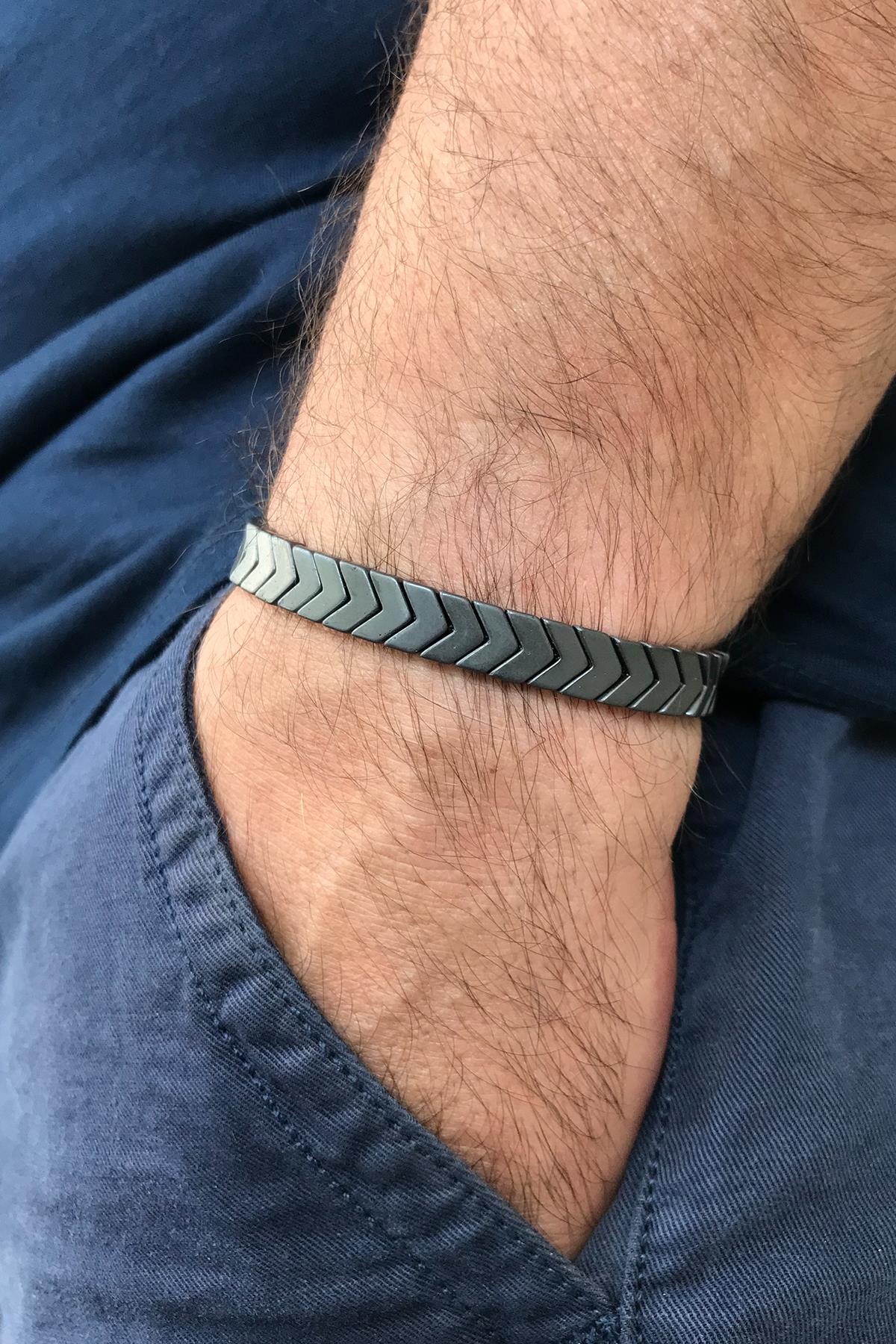 NOON Hematit Doğal Taşlı Gri Renkli Ayarlanabilir Erkek Bileklik NN1441