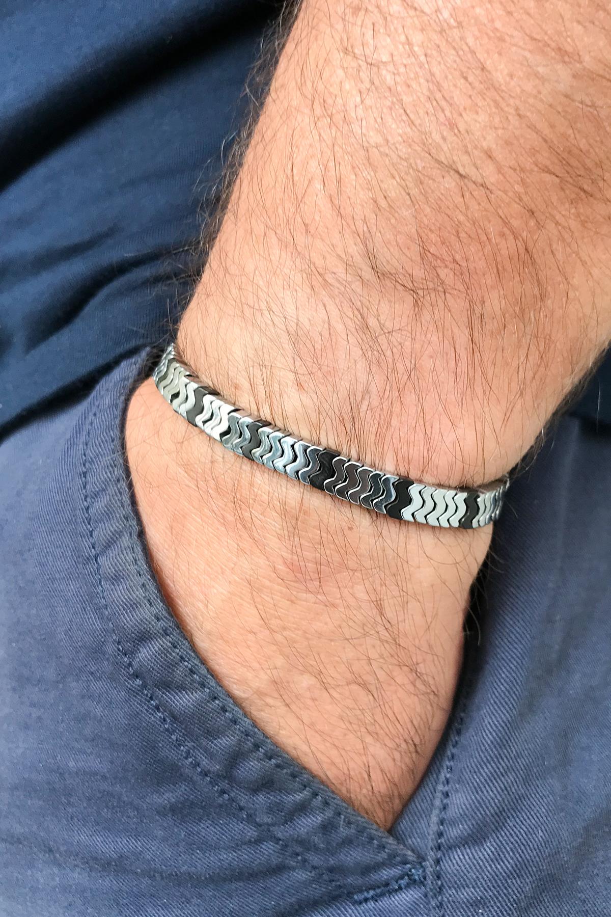 NOON Hematit Taşlı Gümüş Renkli Ayarlanabilir Erkek Bileklik NN1444