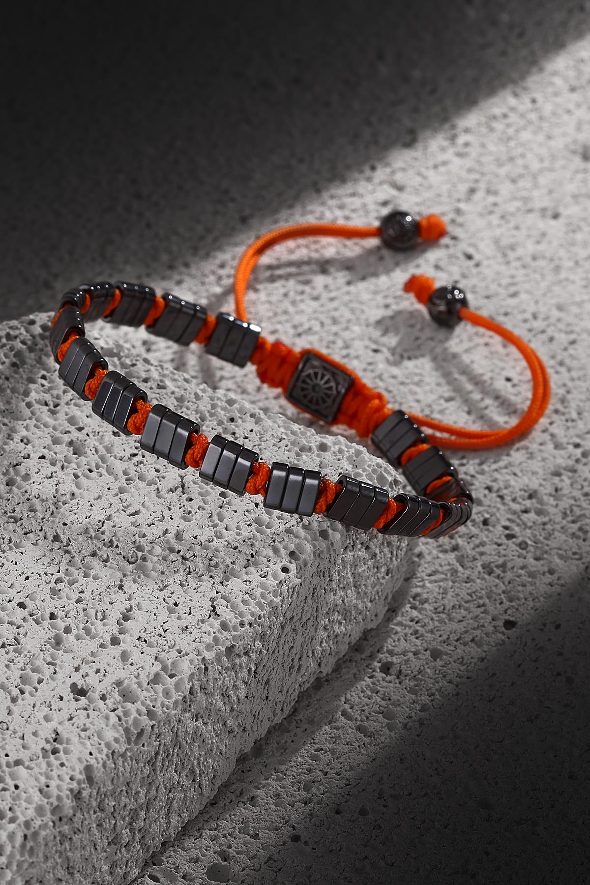 Noon Hematit Taşlı Handmade Turuncu Makrome Erkek Bileklik NN1371