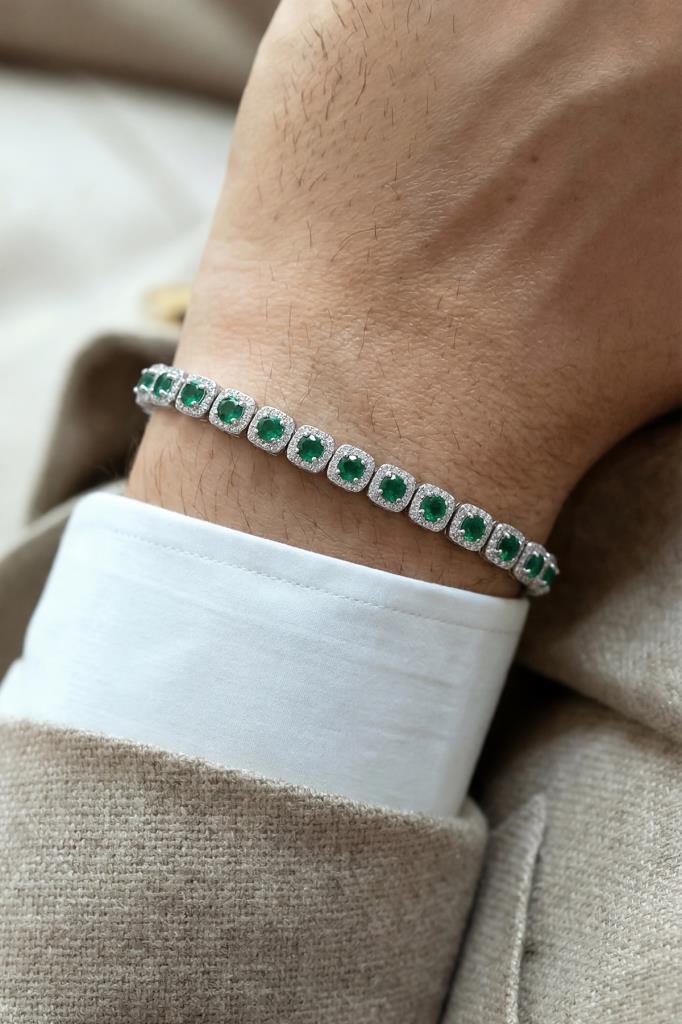 FRNCH 925 Ayar Gümüş Yeşil Zirkon Taşlı Gümüş Renk Erkek Bileklik FRJ12896-3896-Y