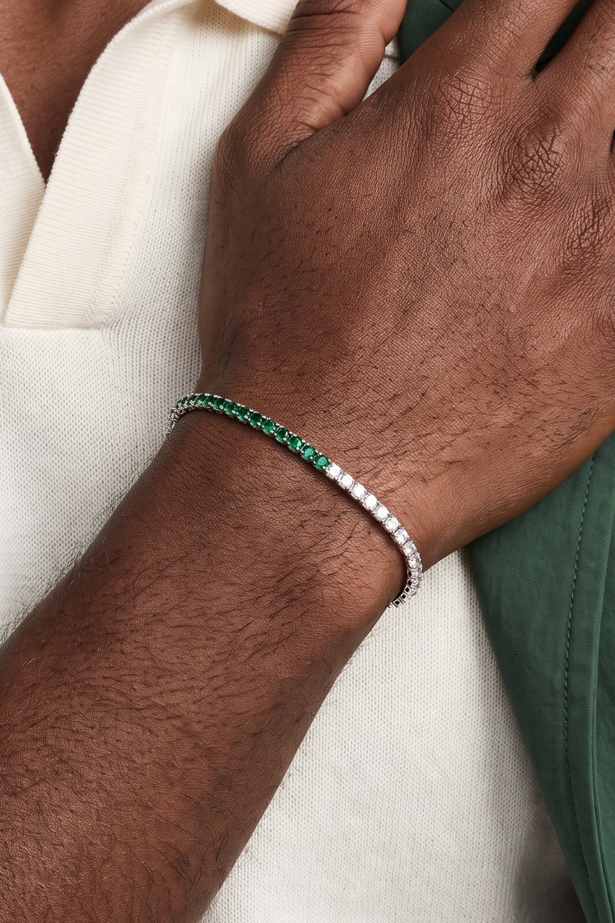 FRNCH 925 Ayar Gümüş 2MM Zirkon Taşlı Yeşil-Beyaz Renk Tennis Erkek Bileklik FRM11979-2079-YA