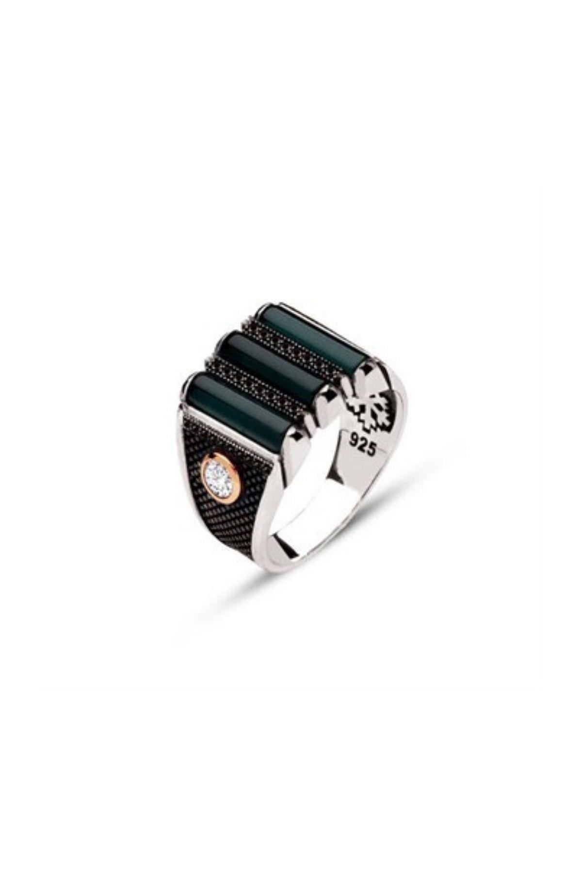FRNCH 231 Gümüş 3 Parça Yeşil Akik Taşlı Kenarları Tek Taşlı Yüzük