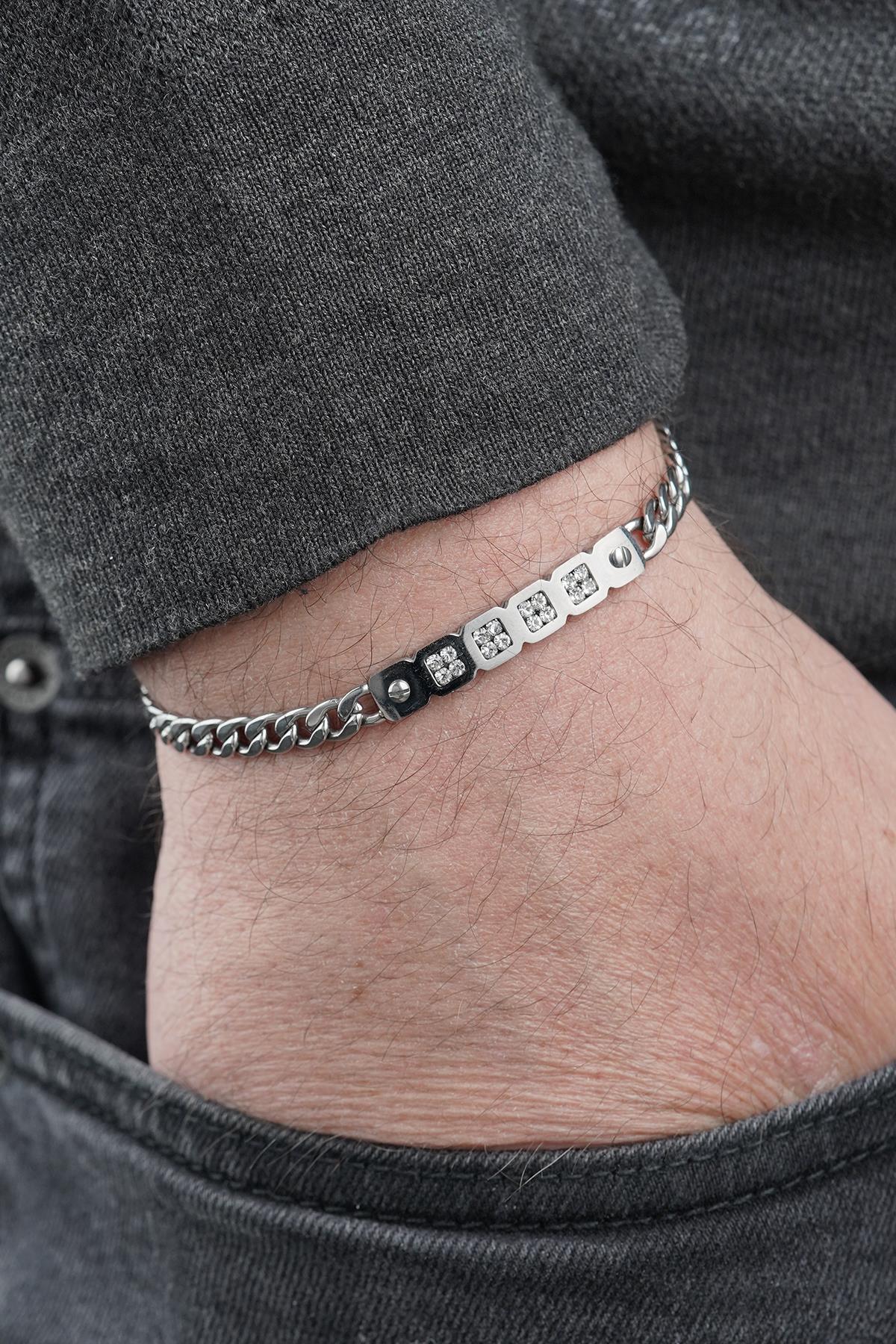 FRNCH 316L Çelik Beyaz Zirkon Taşlı Gümüş Renk Erkek Bileklik FRJ12868-3868-A