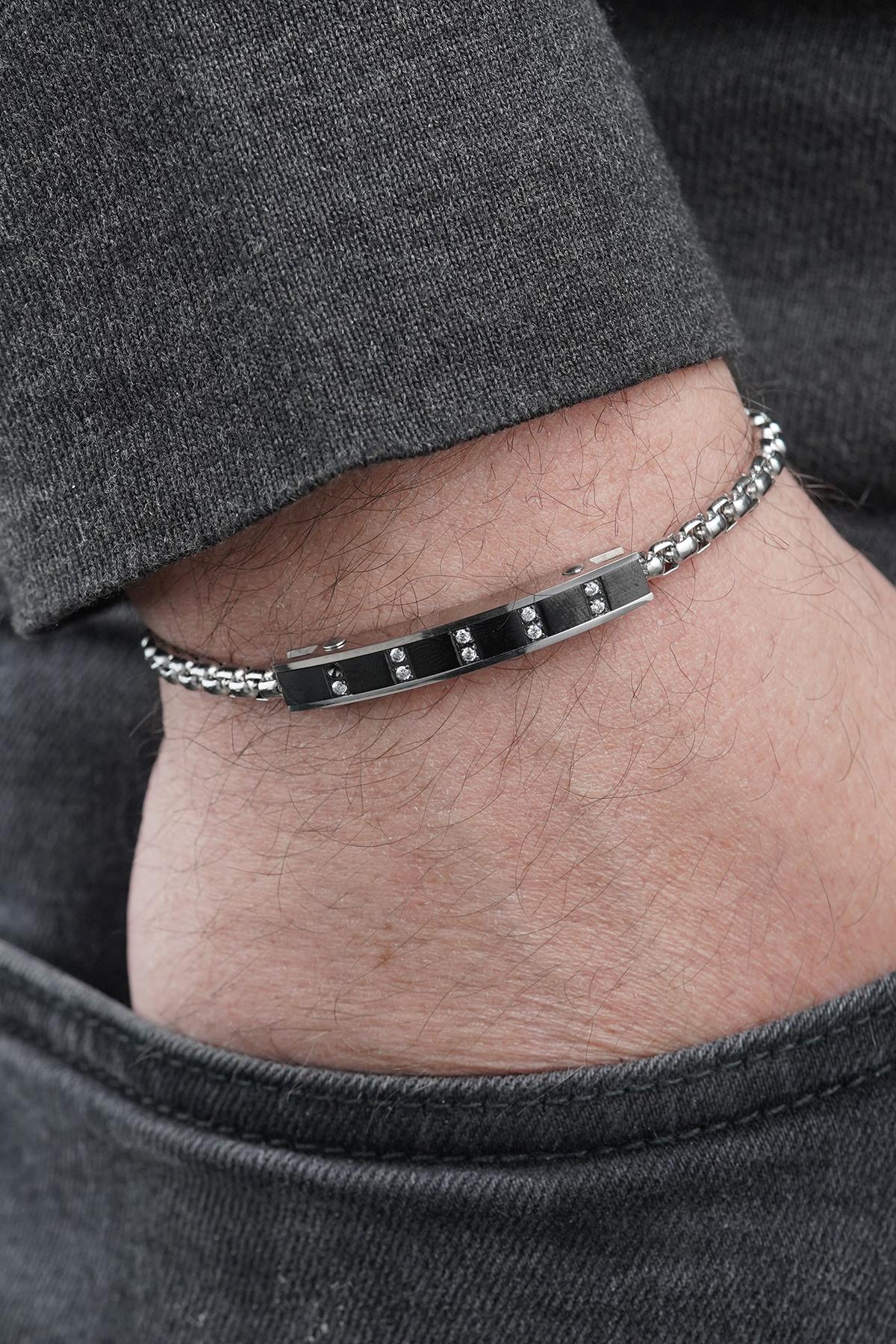 FRNCH 316L Çelik İtalyan Model Beyaz Zirkon Taşlı Gümüş-Siyah Renk Erkek Bileklik FRJ12872-3872-AB2