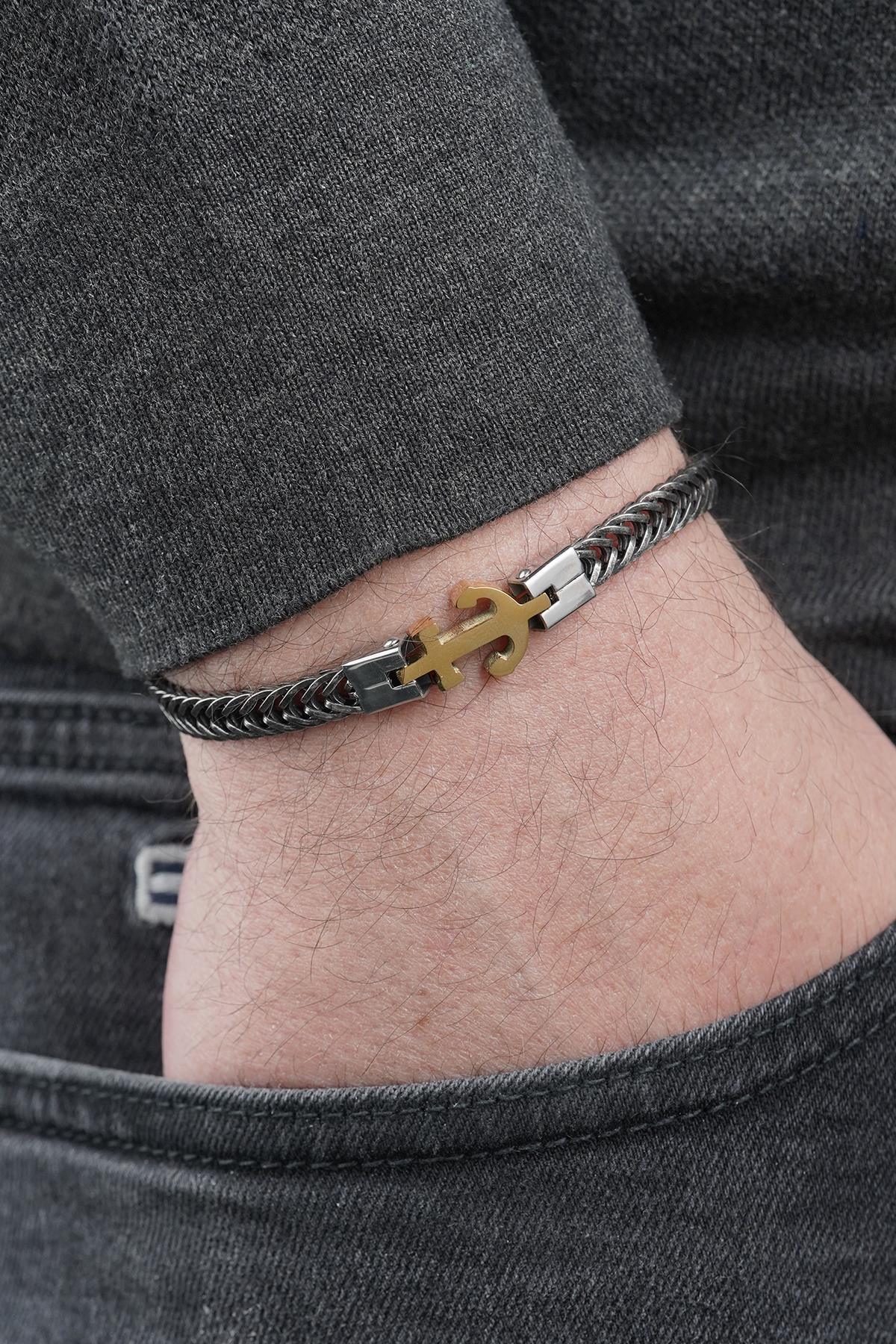 FRNCH 316L Çelik İtalyan Model Çapa Figürlü Gümüş-Altın Renk Erkek Bileklik FRJ12869-3869-B2G