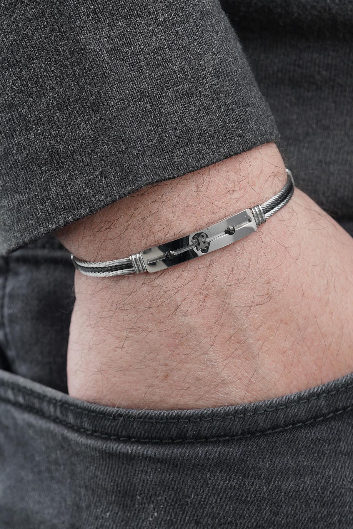 FRNCH 316L Çelik İtalyan Model Çapa Figürlü Gümüş-Siyah Renk Erkek Bileklik FRJ12875-3875-AB2