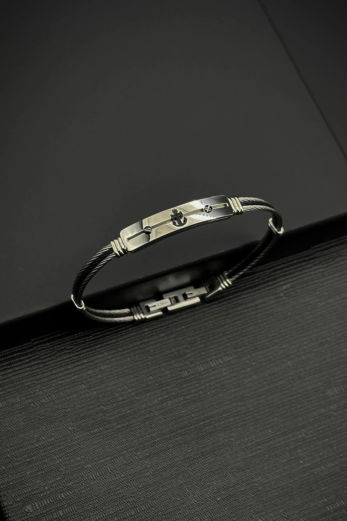 FRNCH 316L Çelik İtalyan Model Çapa Figürlü Gümüş-Siyah Renk Erkek Bileklik FRJ12875-3875-AB2