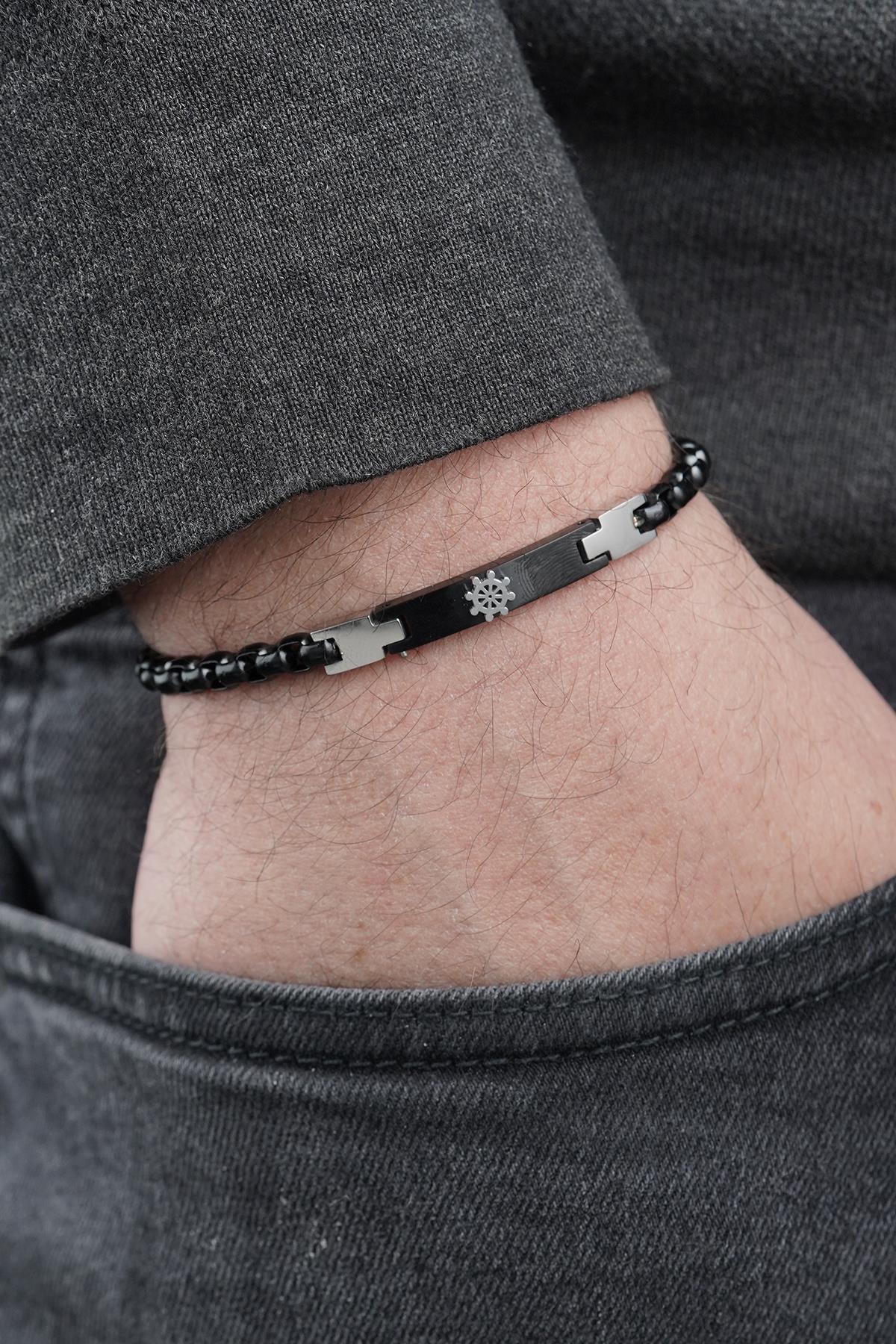 FRNCH 316L Çelik İtalyan Model Dümen Figürlü Siyah Renk Erkek Bileklik FRJ12876-3876-B2A