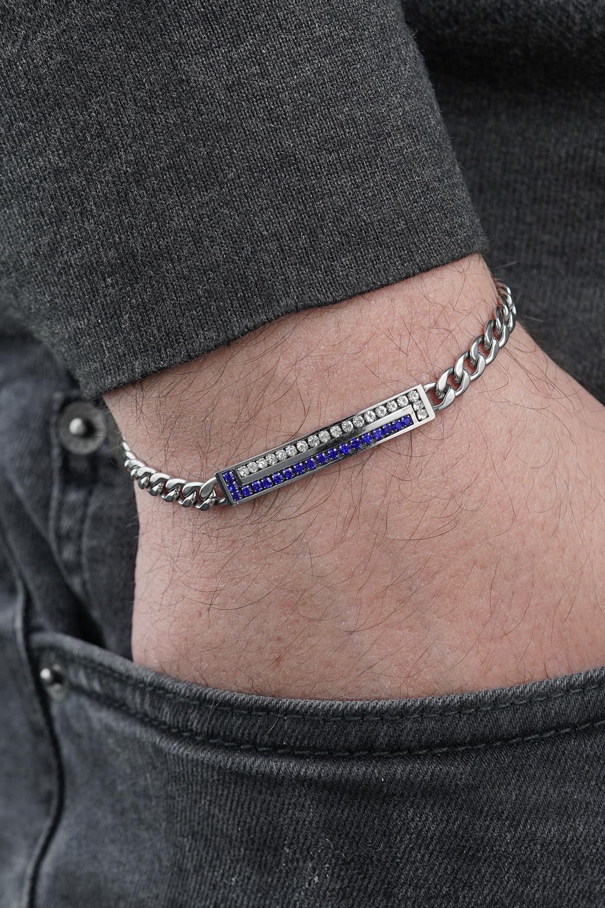 FRNCH 316L Çelik İtalyan Model Lacivert Zirkon Taşlı Gümüş Renk Erkek Bileklik FRJ12871-3871-L2A