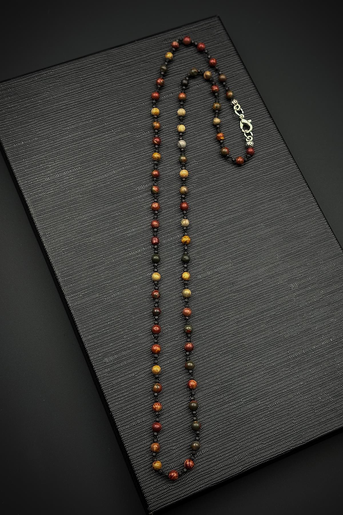 FRNCH 316L Çelik Kilitli Kızıl Kaplan Gözü Doğal Taşlı Kahverengi Erkek Kolye FRJ30869-969-K2