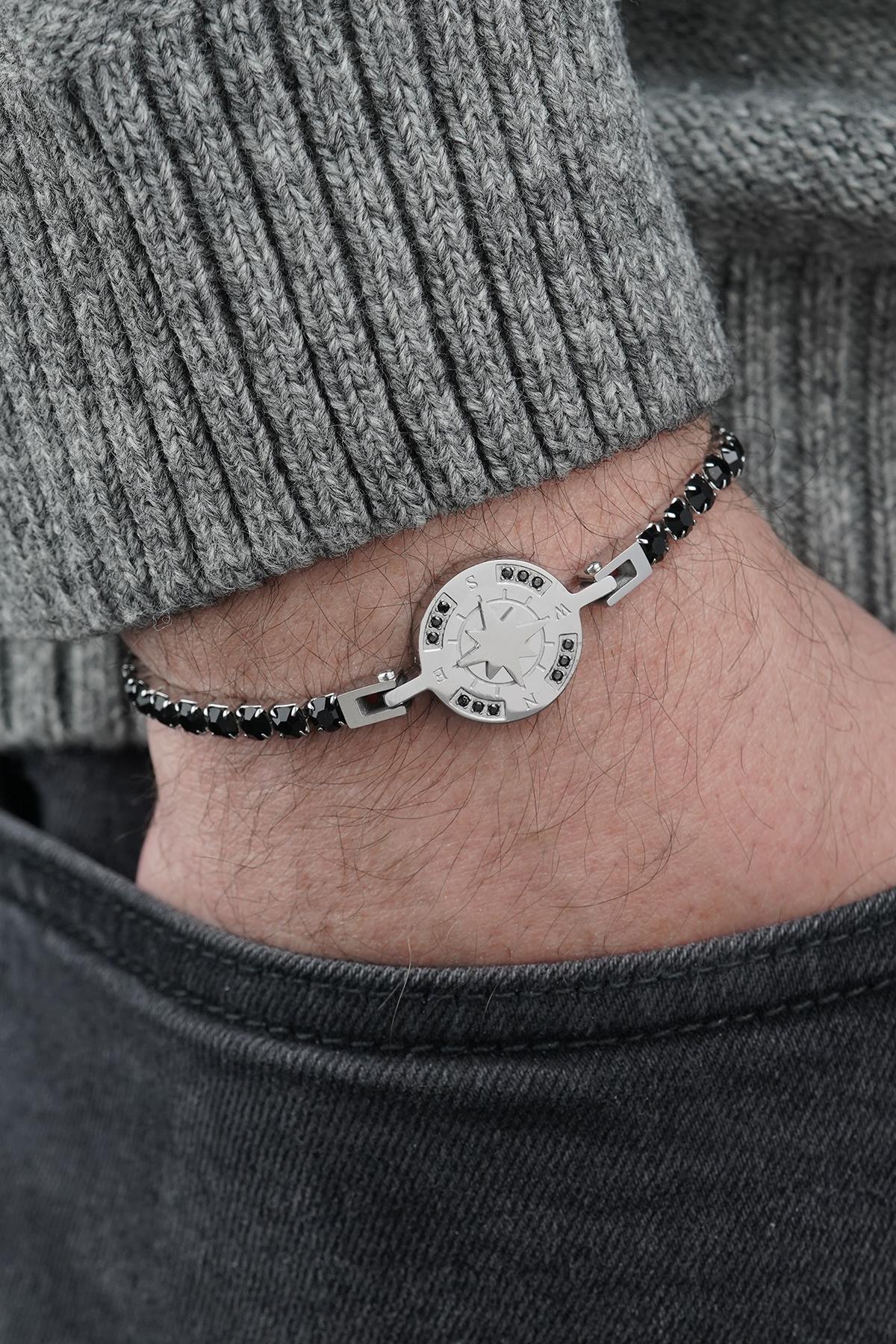 FRNCH 316L Çelik Pusula Figürlü Siyah Renk Erkek Bileklik FRJ12837-3837-AB2