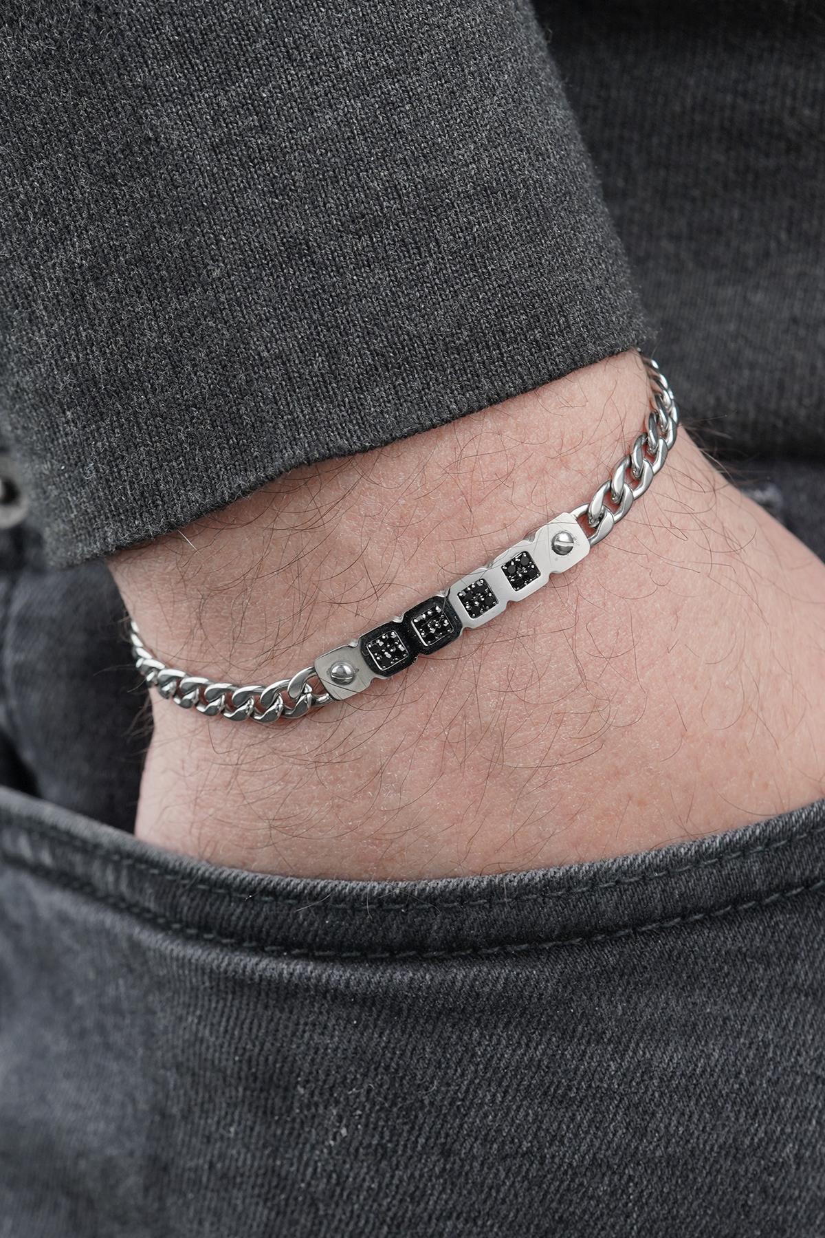 FRNCH 316L Çelik Siyah Zirkon Taşlı Gümüş Renk Erkek Bileklik FRJ12868-3868-AB2