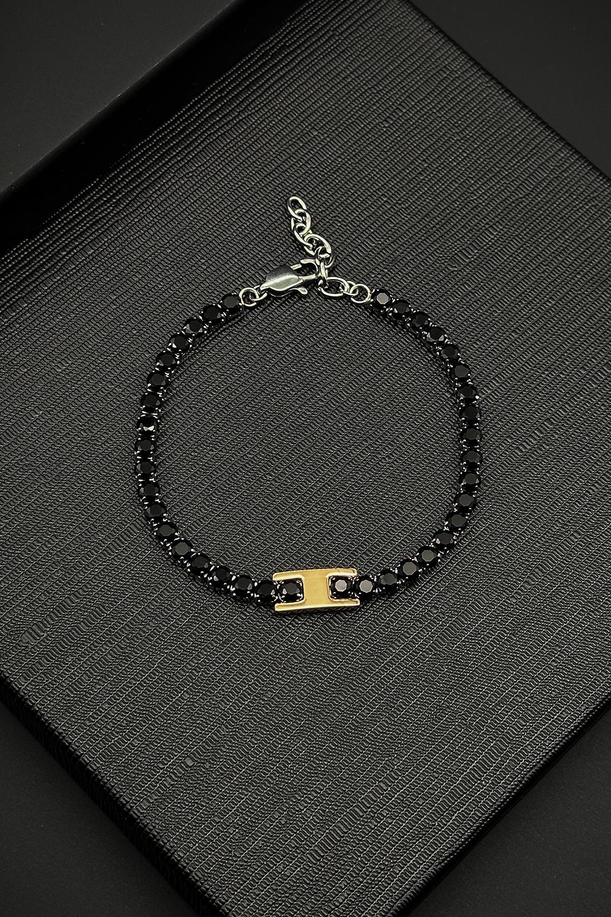 FRNCH 316L Çelik Siyah Zirkon Taşlı Rose Renk Erkek Bileklik FRJ12877-3877-B2C