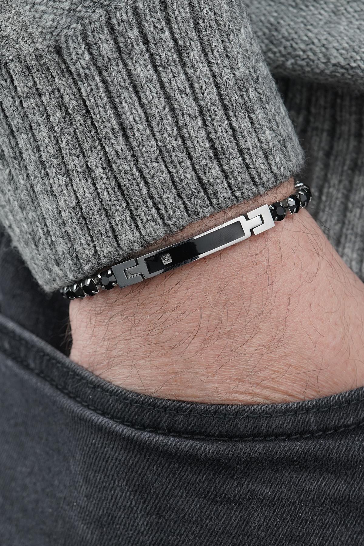 FRNCH 316L Çelik Siyah Zirkon Taşlı Siyah Renk Erkek Bileklik FRJ12853-3853-B2A