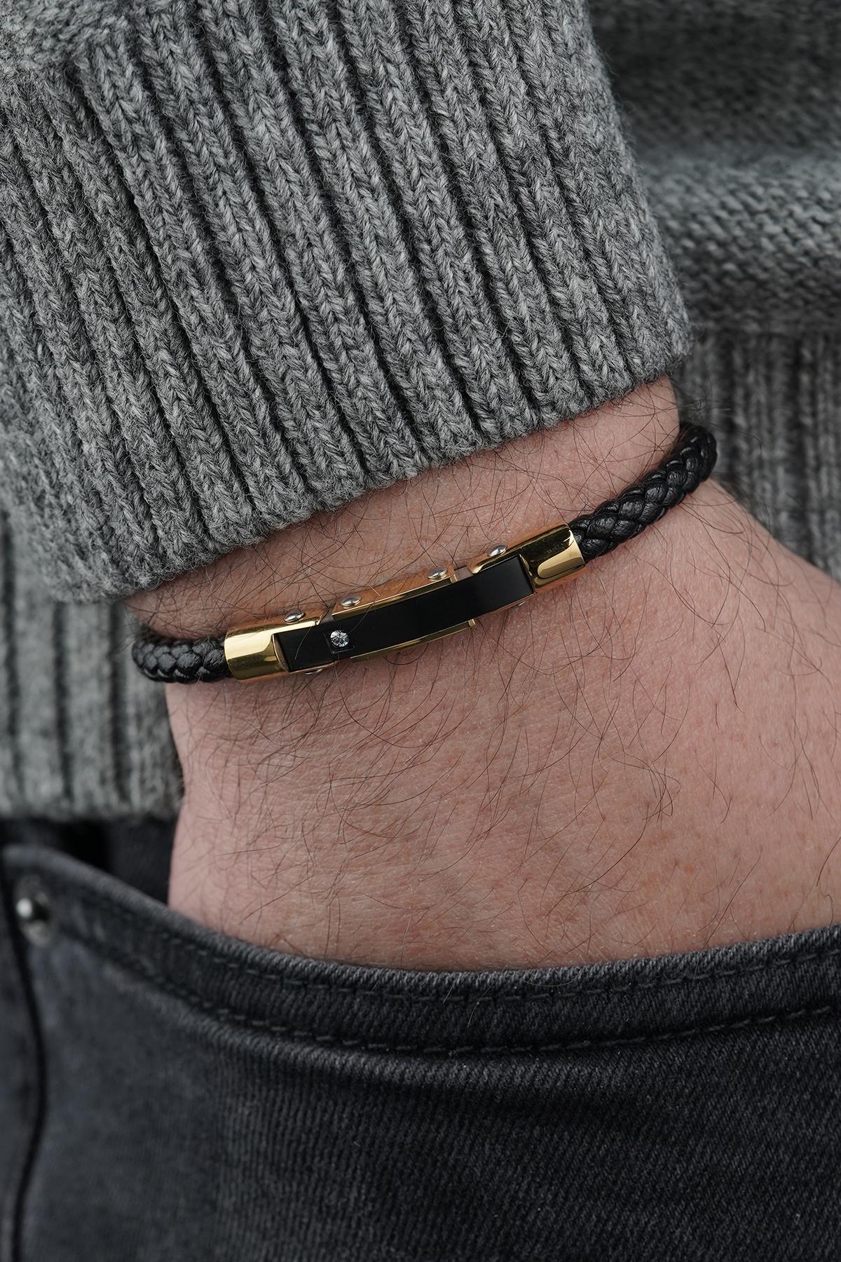 FRNCH 316L Çelik ve Derili Altın Renk Erkek Bileklik FRJ12835-3835-B2G