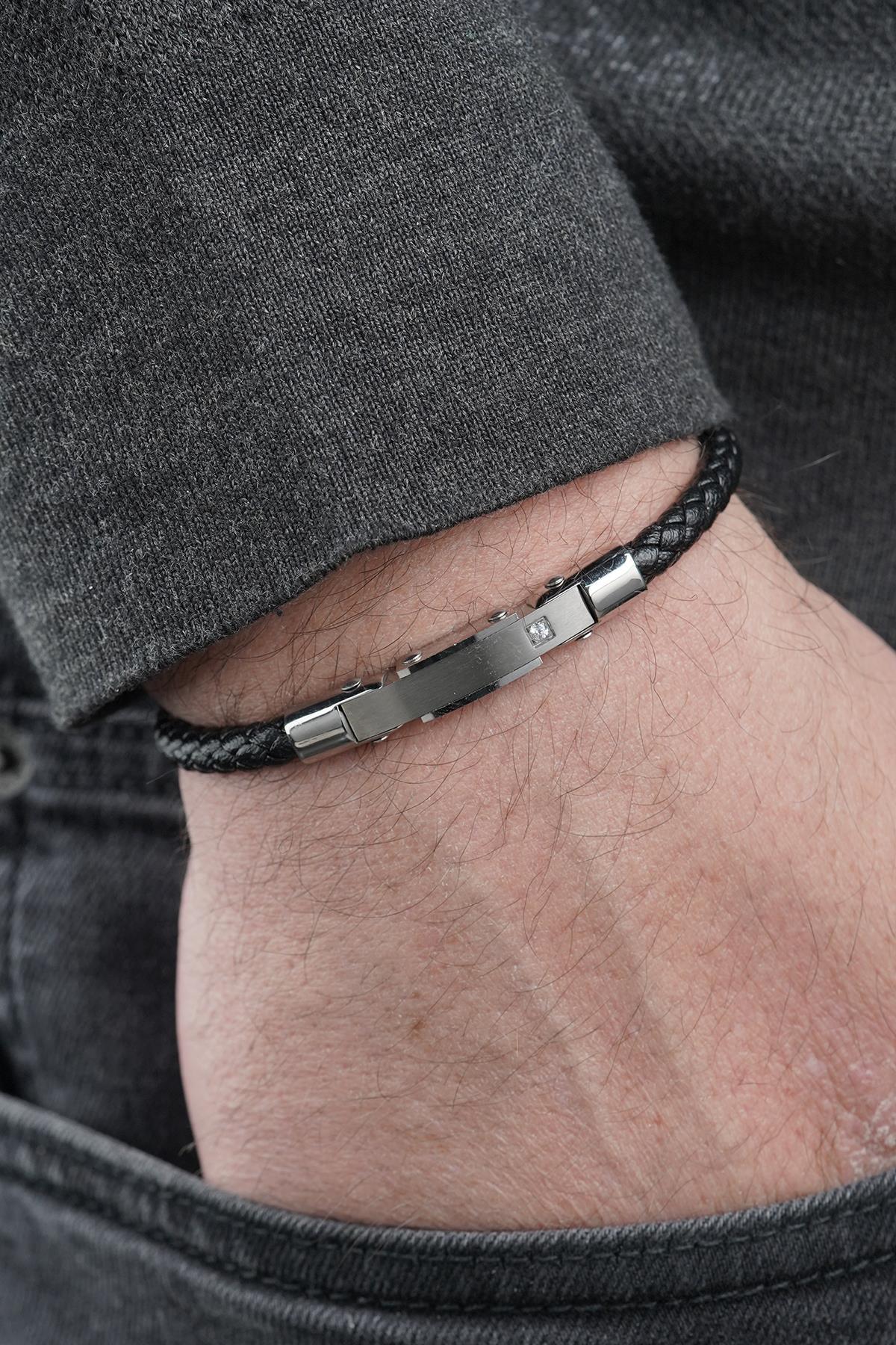 FRNCH 316L Çelik ve Derili Beyaz Zirkon Taşlı Gümüş Renk Erkek Bileklik FRJ12889-3889-AB2