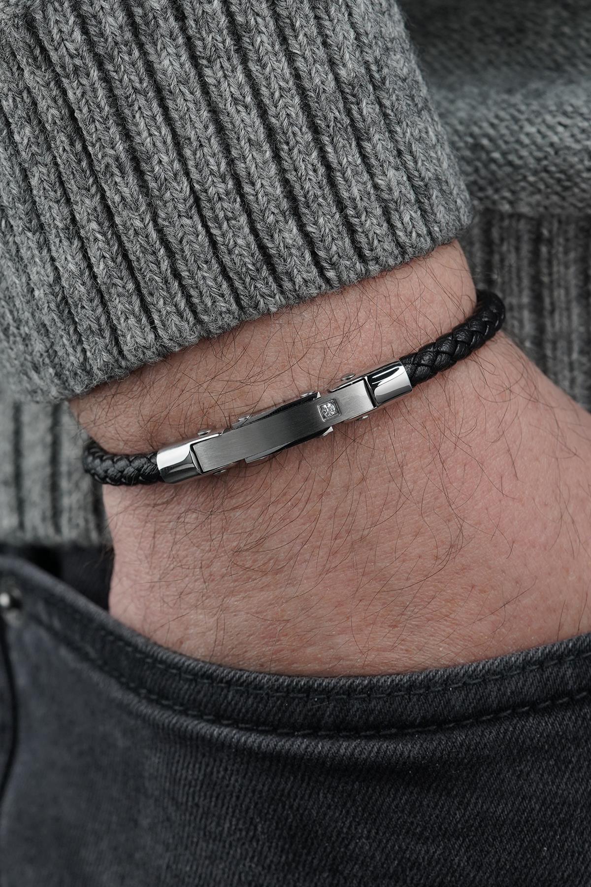 FRNCH 316L Çelik ve Derili Gümüş Renk Erkek Bileklik FRJ12835-3835-A