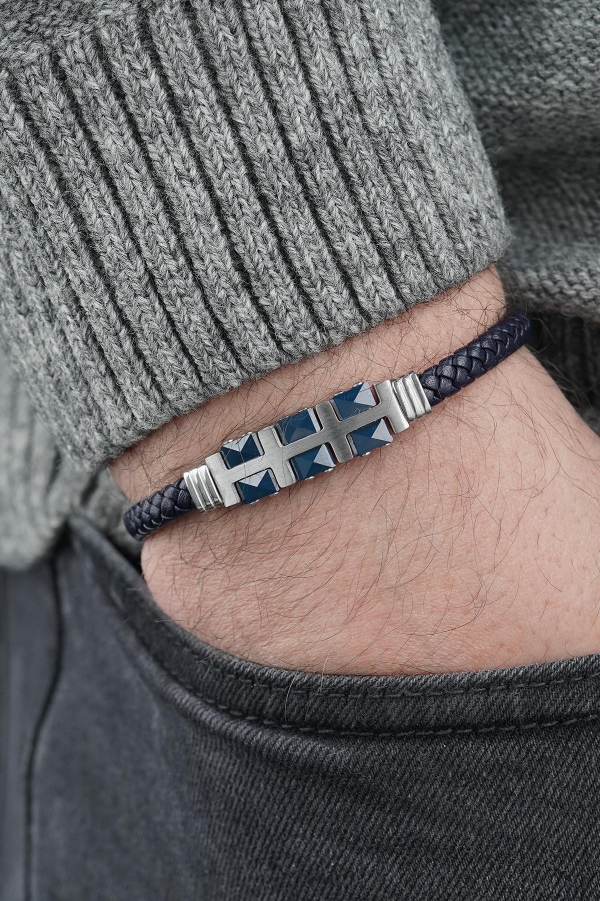 FRNCH 316L Çelik ve Derili Lacivert Renk Erkek Bileklik FRJ12831-3831-AL