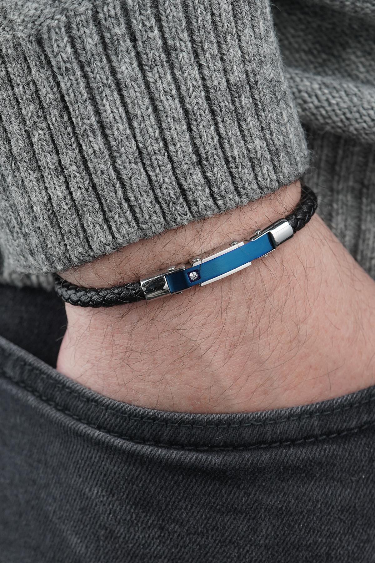 FRNCH 316L Çelik ve Derili Lacivert Renk Erkek Bileklik FRJ12835-3835-B2L